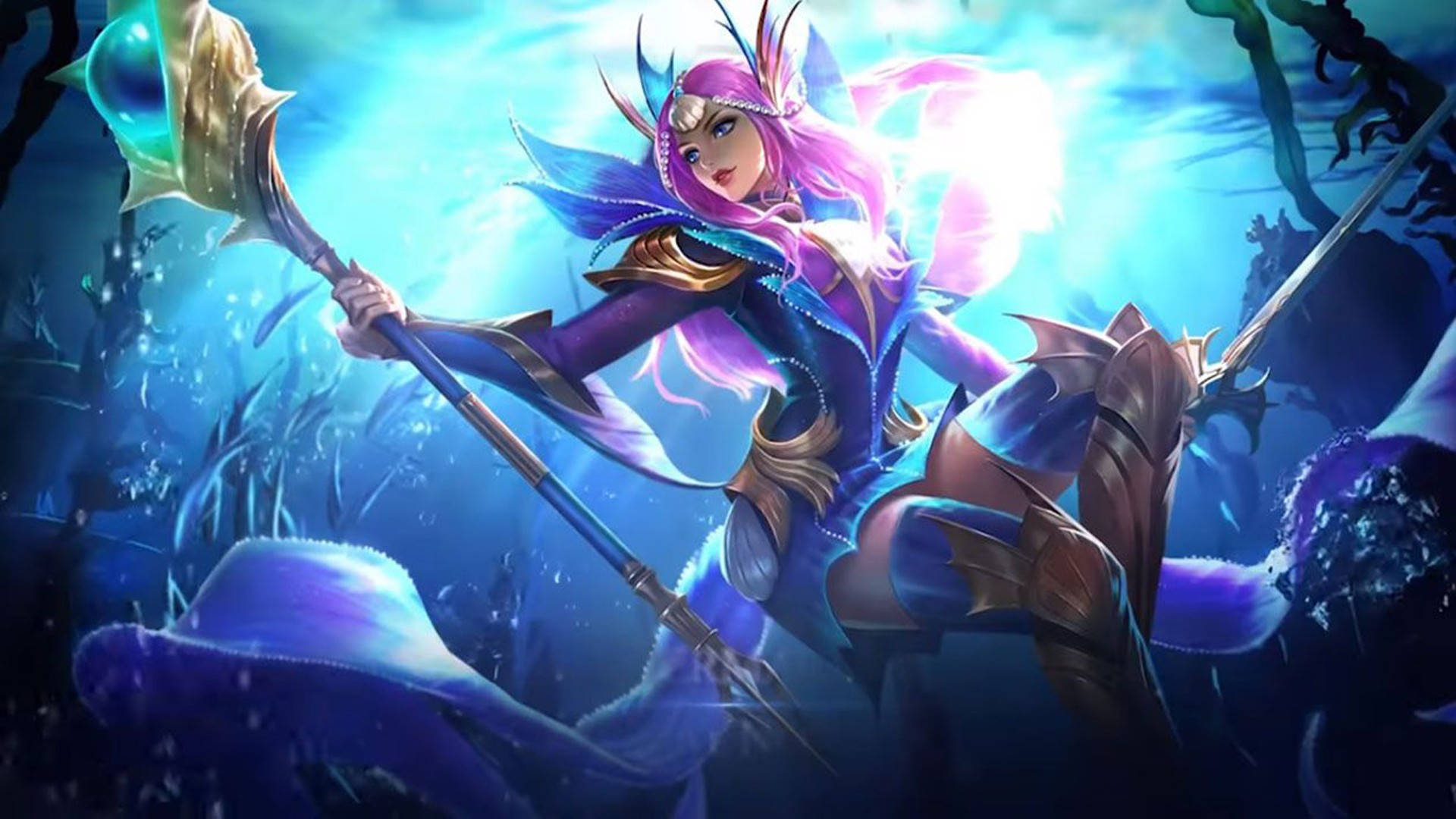 Mobile Legends 動態圖 桌布 壁紙 — 一位光芒四射的紫髮戰士，擁有發光的翅膀，在沐浴在藍光中的神秘水下領域揮舞著發光的法杖。
