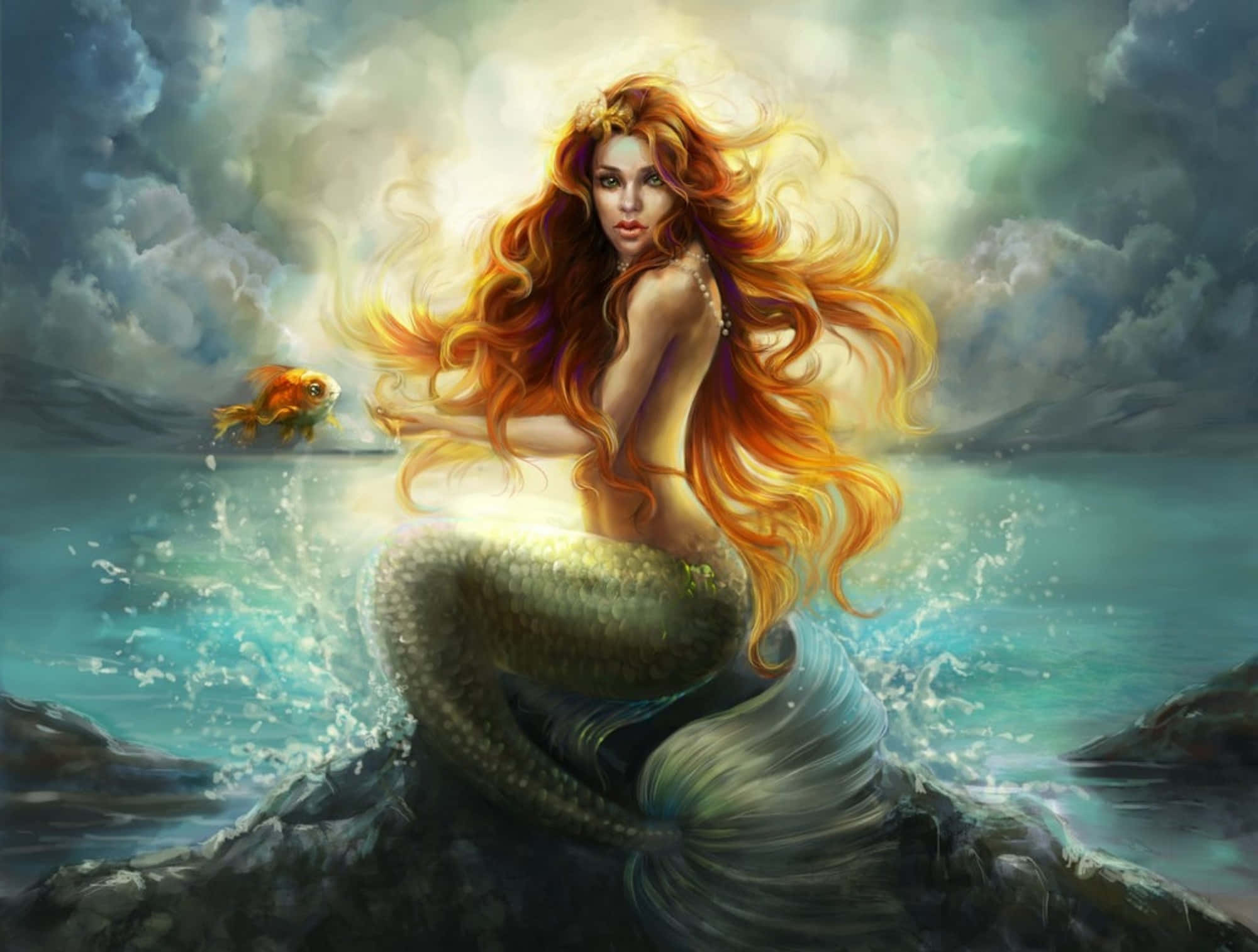 Mermaids 桌布 壁紙 — 一位光芒四射的美人魚，擁有火紅色的橙色頭髮，坐在岩石海岸上，一條金色的魚在暴風雨的天空下在附近游動。