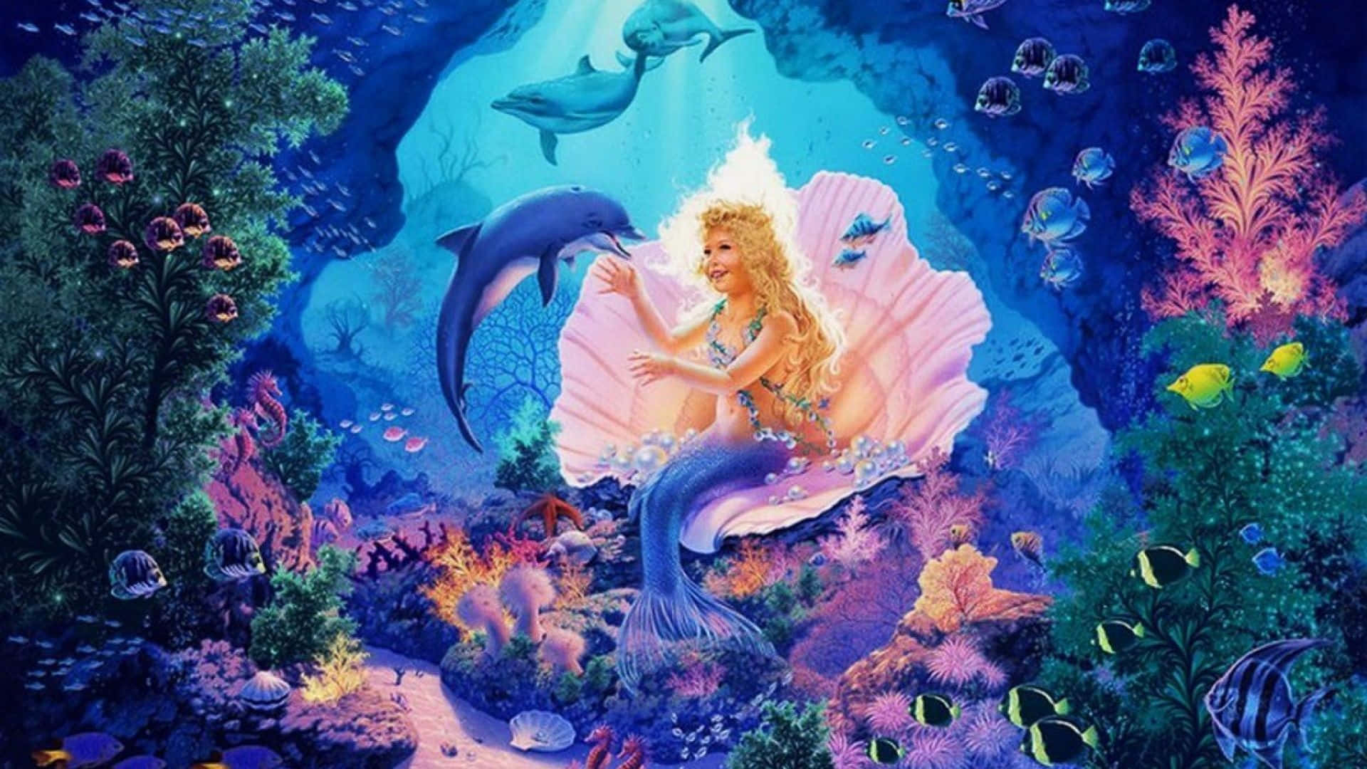 美人魚 桌布 壁紙 — 一位光芒四射的美人魚，擁有飄逸的金色長髮，優雅地坐在一個巨大的粉紅色貝殼中，周圍環繞著海豚和色彩繽紛的珊瑚，在一個發光的水下洞穴中。