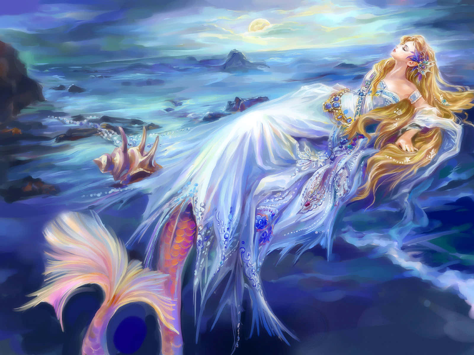 Paint Art 桌布 壁紙 — 一位光芒四射的美人魚，擁有飄逸的金色長髮和閃閃發光的白色長袍，在月光下優雅地斜倚在岩石海岸上。