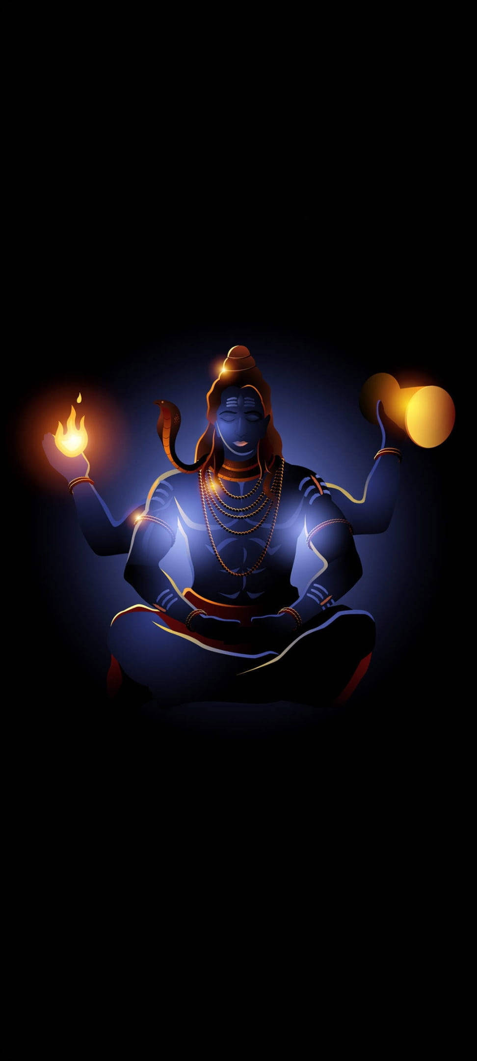 dark shiva 桌布 壁紙 — 一位光芒四射的藍皮膚神祇盤腿打坐，手持火焰和發光球體，背景漆黑。