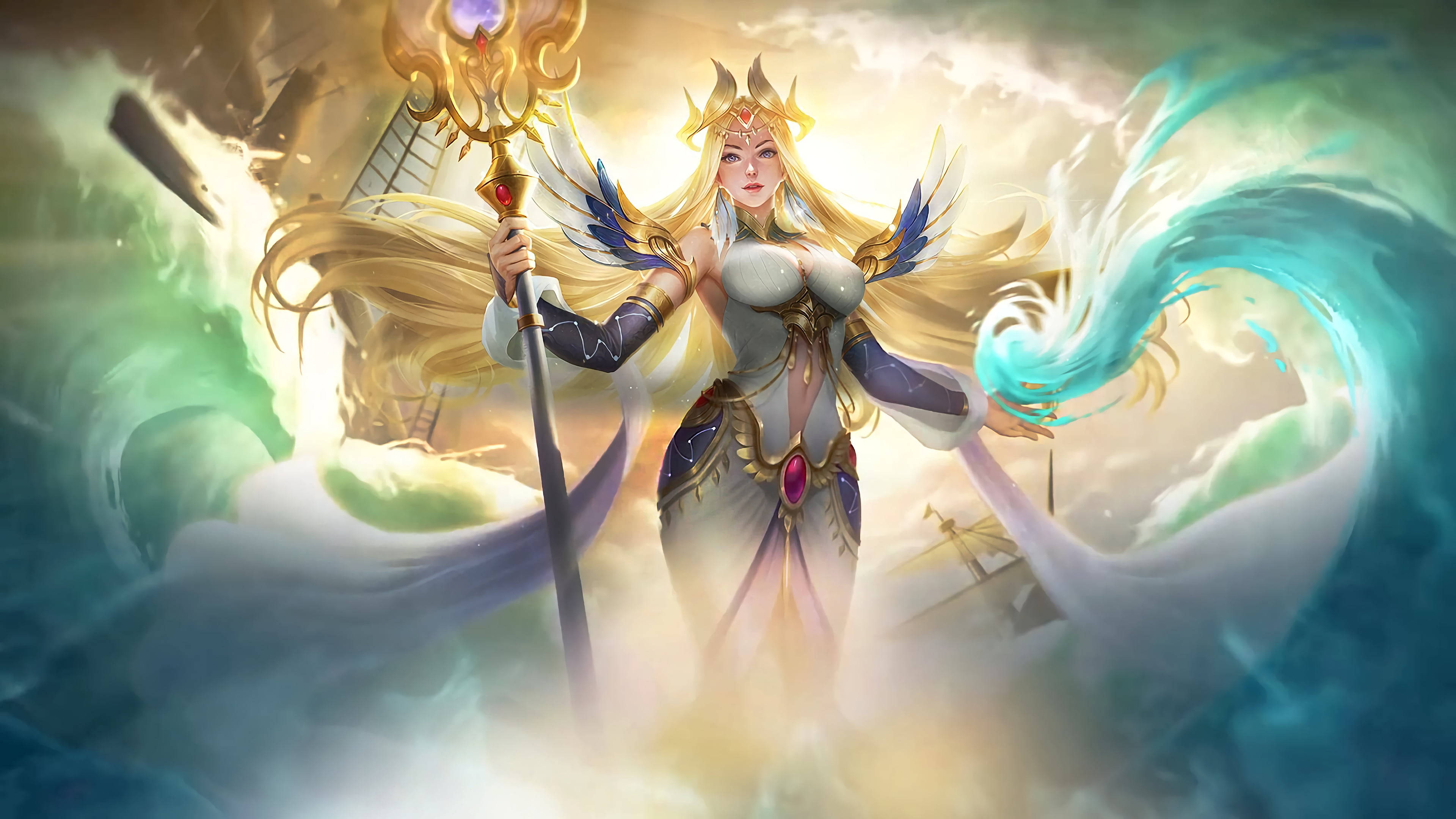 heroes 桌布 壁紙 — 一位光芒四射的金髮女神在旋轉的藍綠色和綠色魔法波浪中揮舞著發光的法杖。