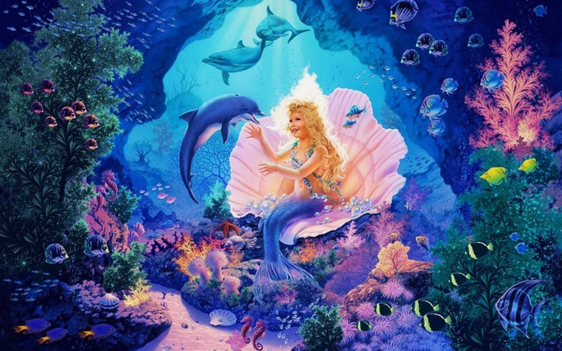 美人魚 桌布 壁紙 — 一位光芒四射的金髮美人魚坐在一個巨大的粉紅色貝殼中，被海豚和色彩繽紛的珊瑚包圍，陽光透過海洋照射下來。