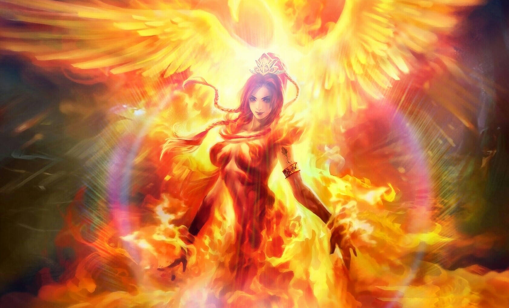 dota 2 4K 桌布 壁紙 — 一位光芒四射的鳳凰女郎，擁有發光的翅膀，從火焰中出現，帶有神聖、熾熱的光環。