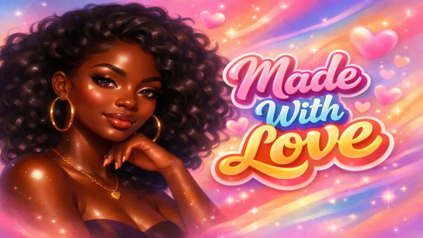 Made With Love 6 壁紙 — 一位光芒四射的黑人女性，擁有豐盈的捲髮和金環耳環，在閃爍的彩虹背景上，有漂浮的心形和「Made With Love」的文字，溫柔地凝視著。