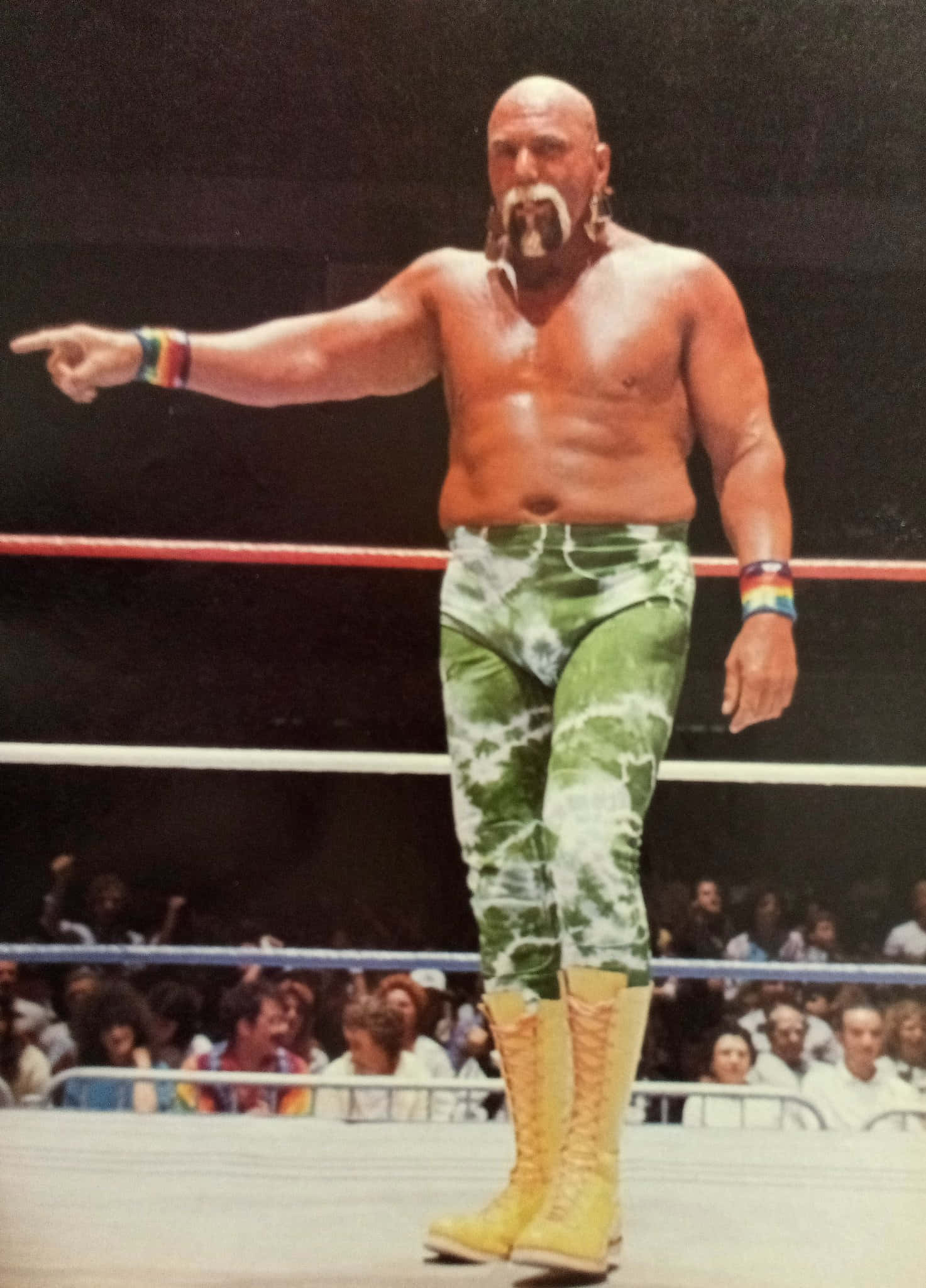 WWE 桌布 壁紙 — 一位光頭、留著白色山羊鬍的摔角手，穿著綠色紮染褲和黃色靴子，在擂台上自信地指著，身後有歡呼的人群。