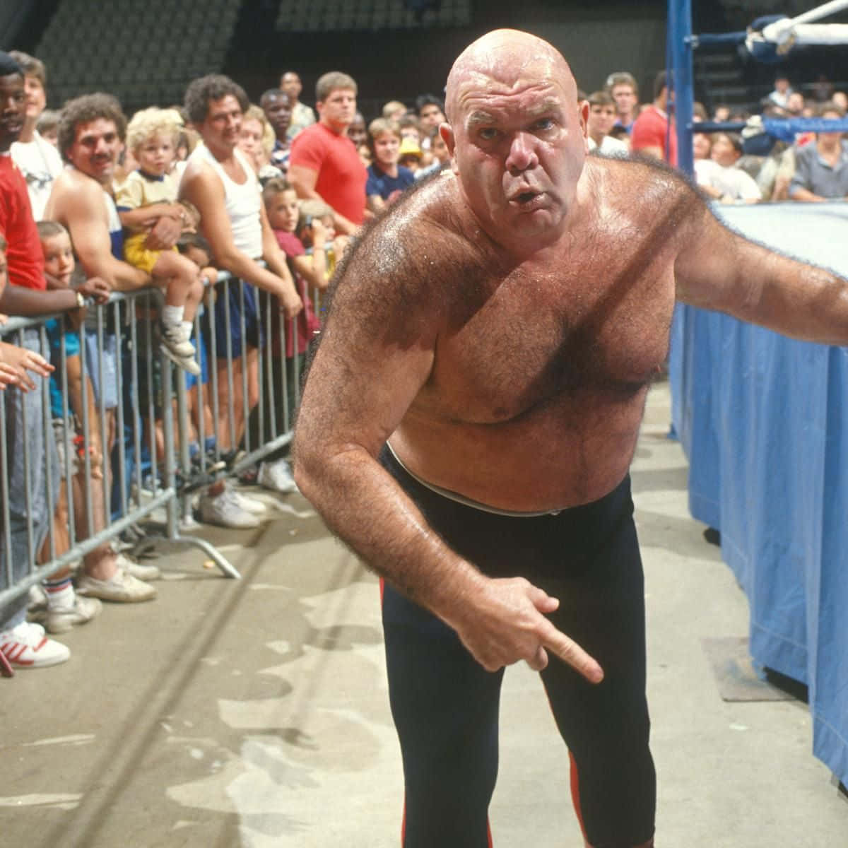 WWE 桌布 壁紙 — 一位光頭、肌肉發達的摔角手穿著黑色緊身褲，在圍欄後觀看的粉絲面前，挑釁地指向鏡頭。