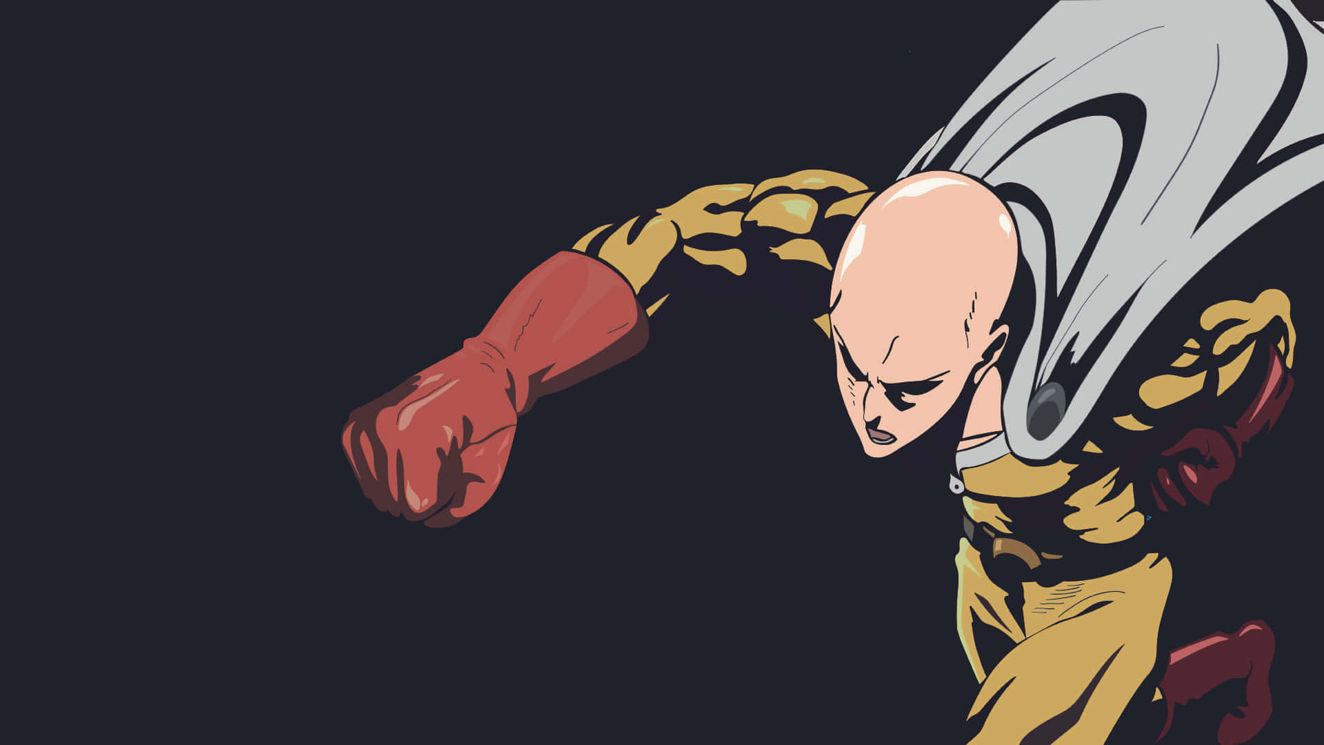 One Punch Man Minimalist 桌布 壁紙 — 一位光頭動漫英雄身穿黃紅戰衣，白色披風飄揚，在黑暗背景中向前衝刺。