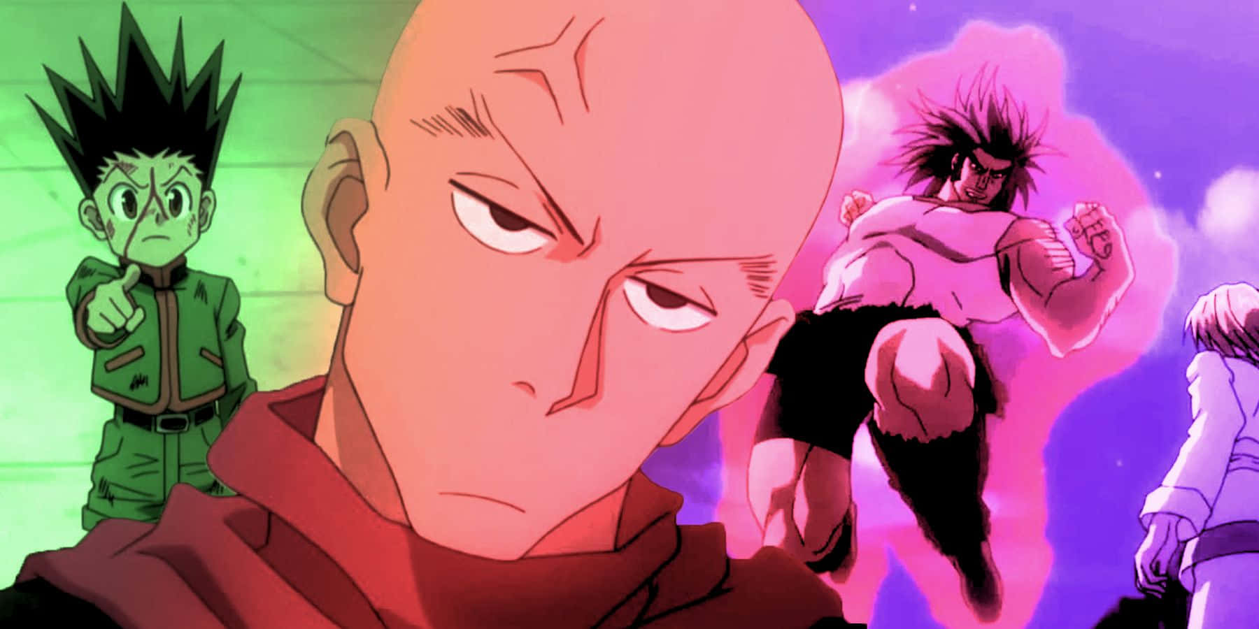 Shonen Anime 桌布 壁紙 — 一位光頭動畫戰士帶著嚴厲的目光主導前景，而其他角色則站在充滿活力的綠色和紫色背景中。