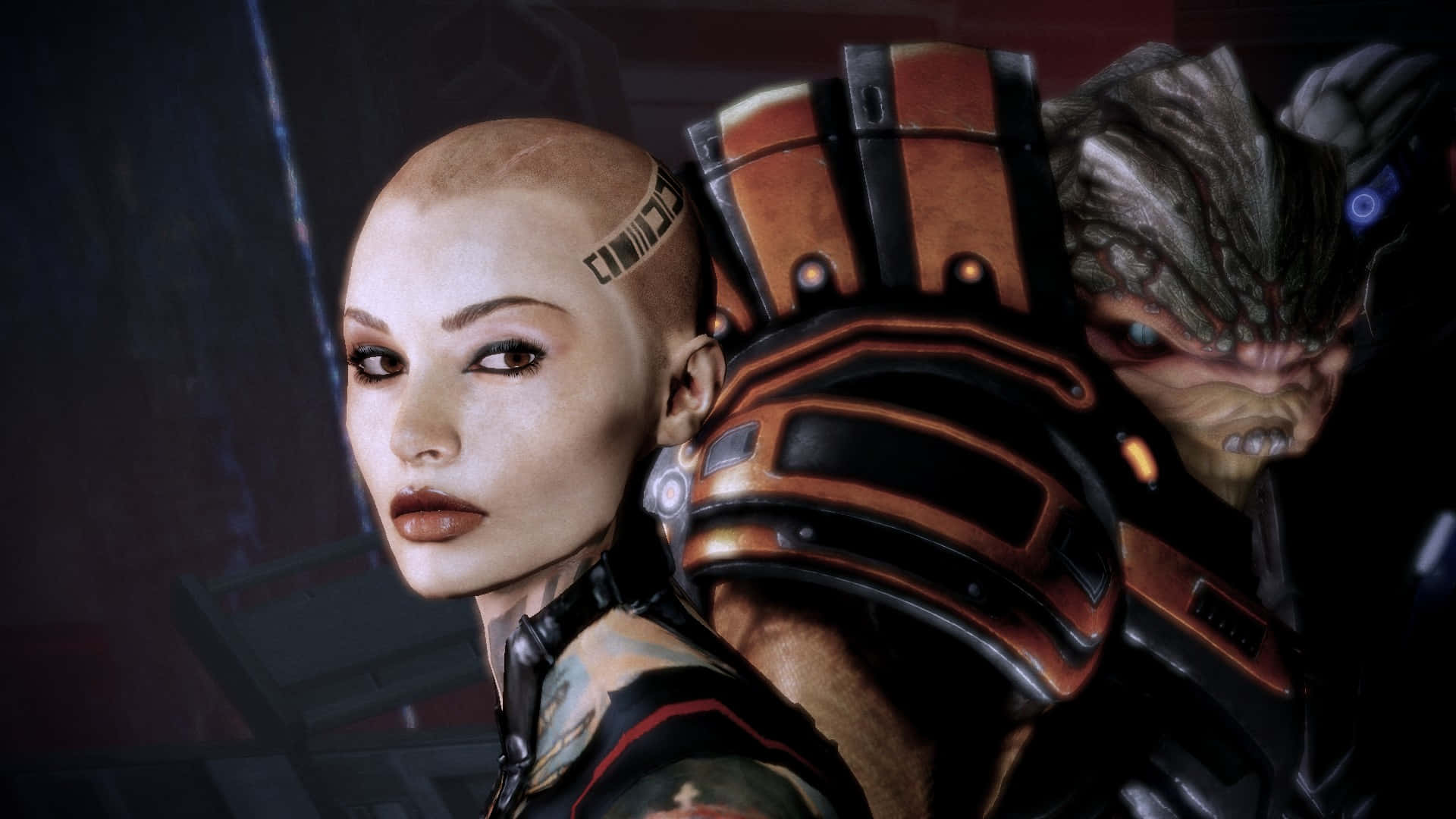 Mass Effect Grunt 桌布 壁紙 — 一位光頭女性，擁有賽博格強化裝置，以及一個穿著黑暗未來裝甲的威脅性外星生物。