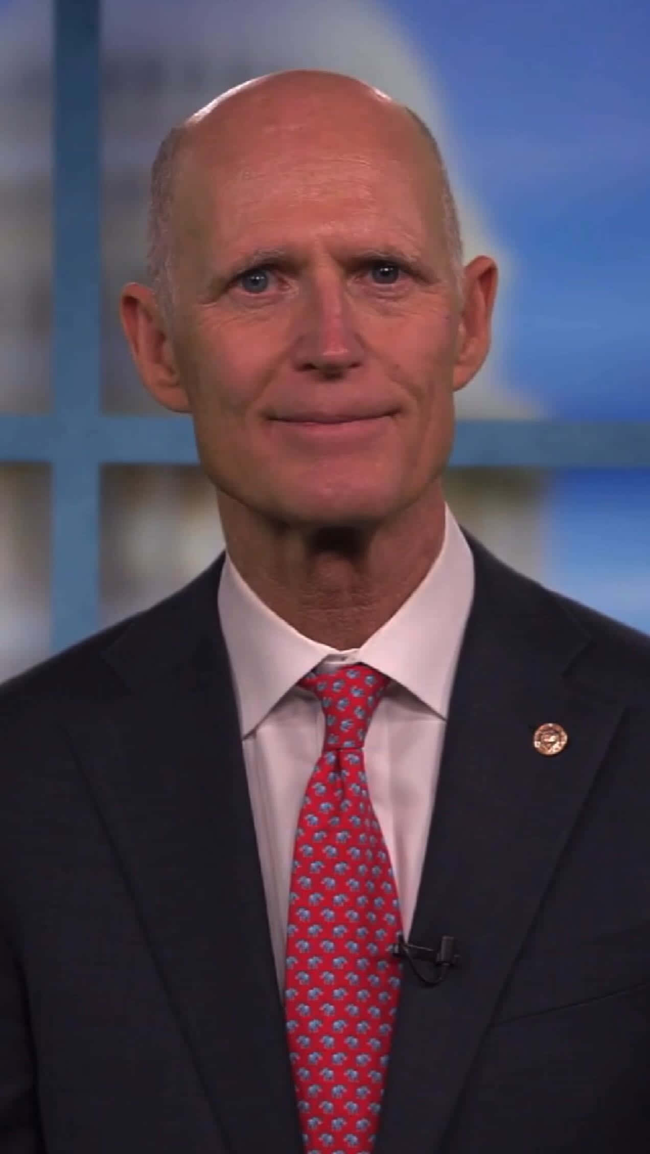 Man In Suit 桌布 壁紙 — 一位光頭男士身穿深色西裝和紅色圖案領帶，在模糊的藍色背景前輕柔微笑。