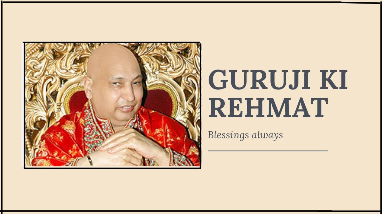 guru nanak dev ji 桌布 壁紙 — 一位光頭男子身穿華麗紅袍坐在金色寶座上的寧靜肖像，上面寫著「GURUJI KI REHMAT」和「Blessings always」。