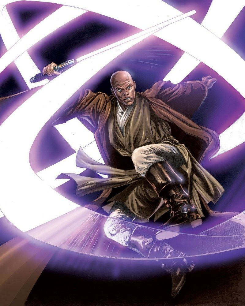 Lightsaber 桌布 壁紙 — 一位光頭絕地武士身穿棕色長袍，動態跳躍，揮舞著發光的白色光劍，對抗旋轉的紫色和白色能量漩渦。