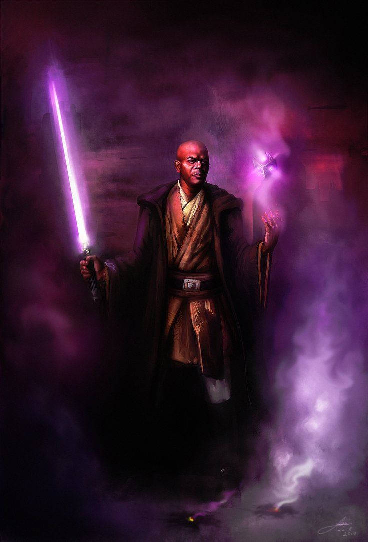 Lightsaber 桌布 壁紙 — 一位光頭絕地武士身穿棕色長袍，在旋轉的深紫色煙霧中揮舞著發光的紫色光劍。