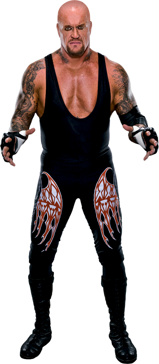Undertaker 桌布 壁紙 — 一位光頭肌肉發達、有紋身的摔角手，穿著黑色裝備，腿部有紅色火焰圖案，腳穿黑色靴子。