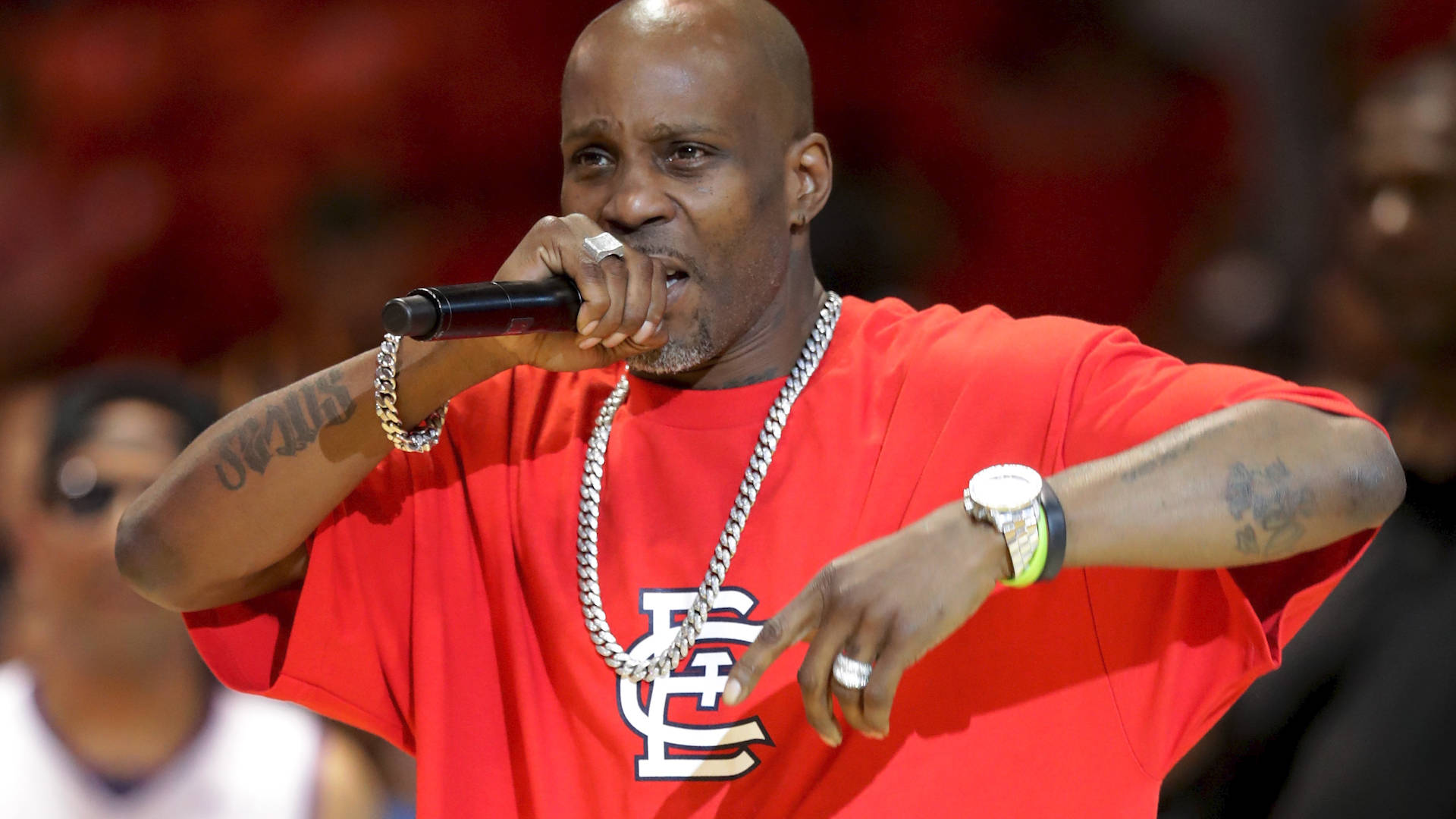 Dmx 桌布 壁紙 — 一位光頭說唱歌手穿著紅色襯衫和鏈條，在音樂會上熱情地對著麥克風表演，身後是模糊的紅色人群。