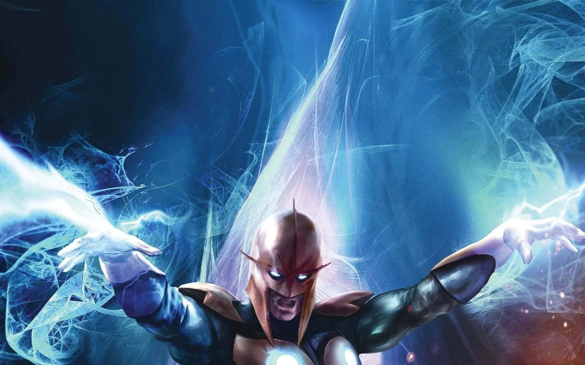 Nova Corps 桌布 壁紙 — 一位光頭超級英雄，眼睛發光，雙手伸展，在黑暗的宇宙環境中引導電藍色能量。