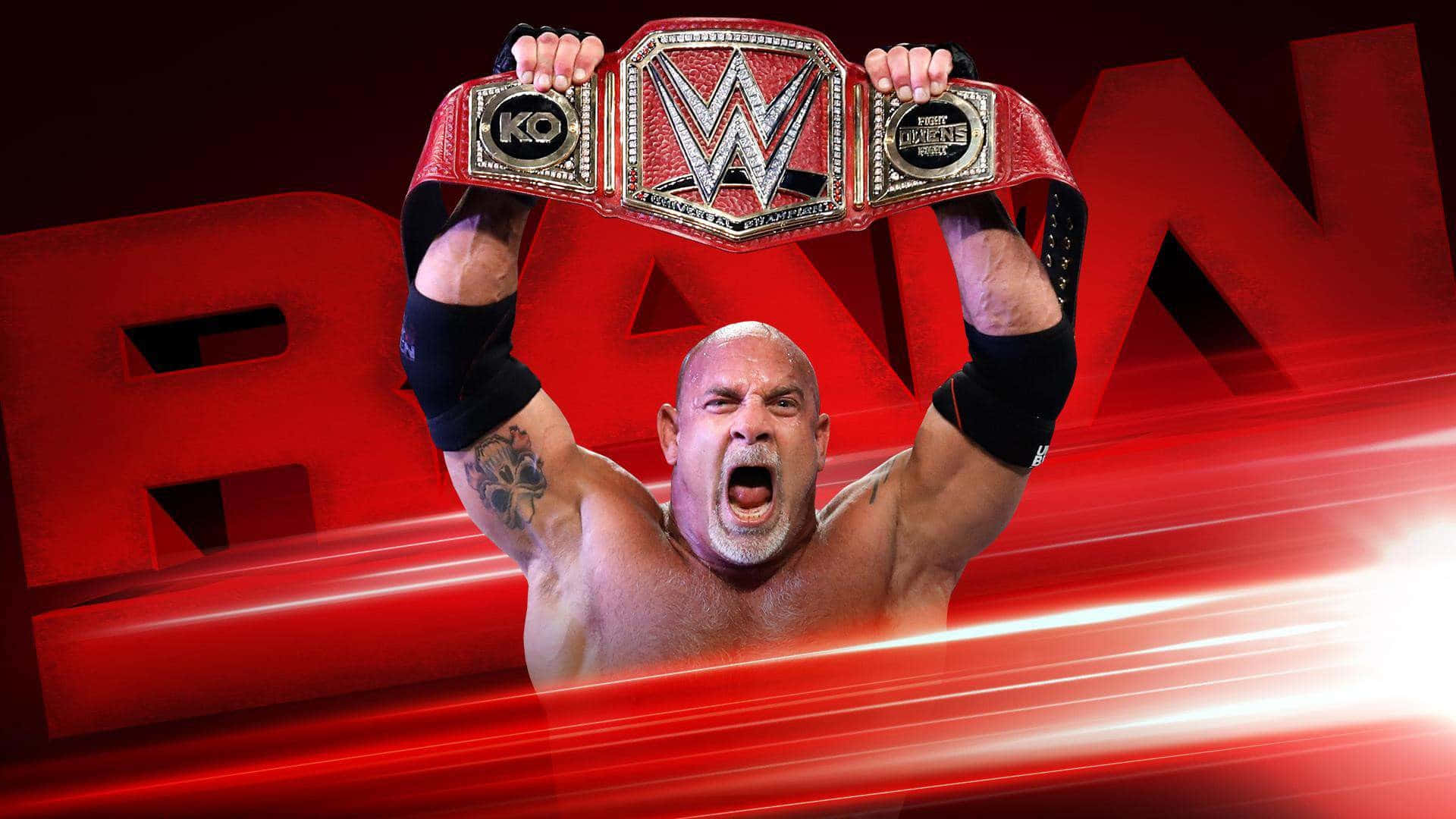WWE 桌布 壁紙 — 一位光頭鬍鬚摔角手在動態紅色背景和發光條紋前高舉WWE冠軍腰帶，發出勝利的咆哮。