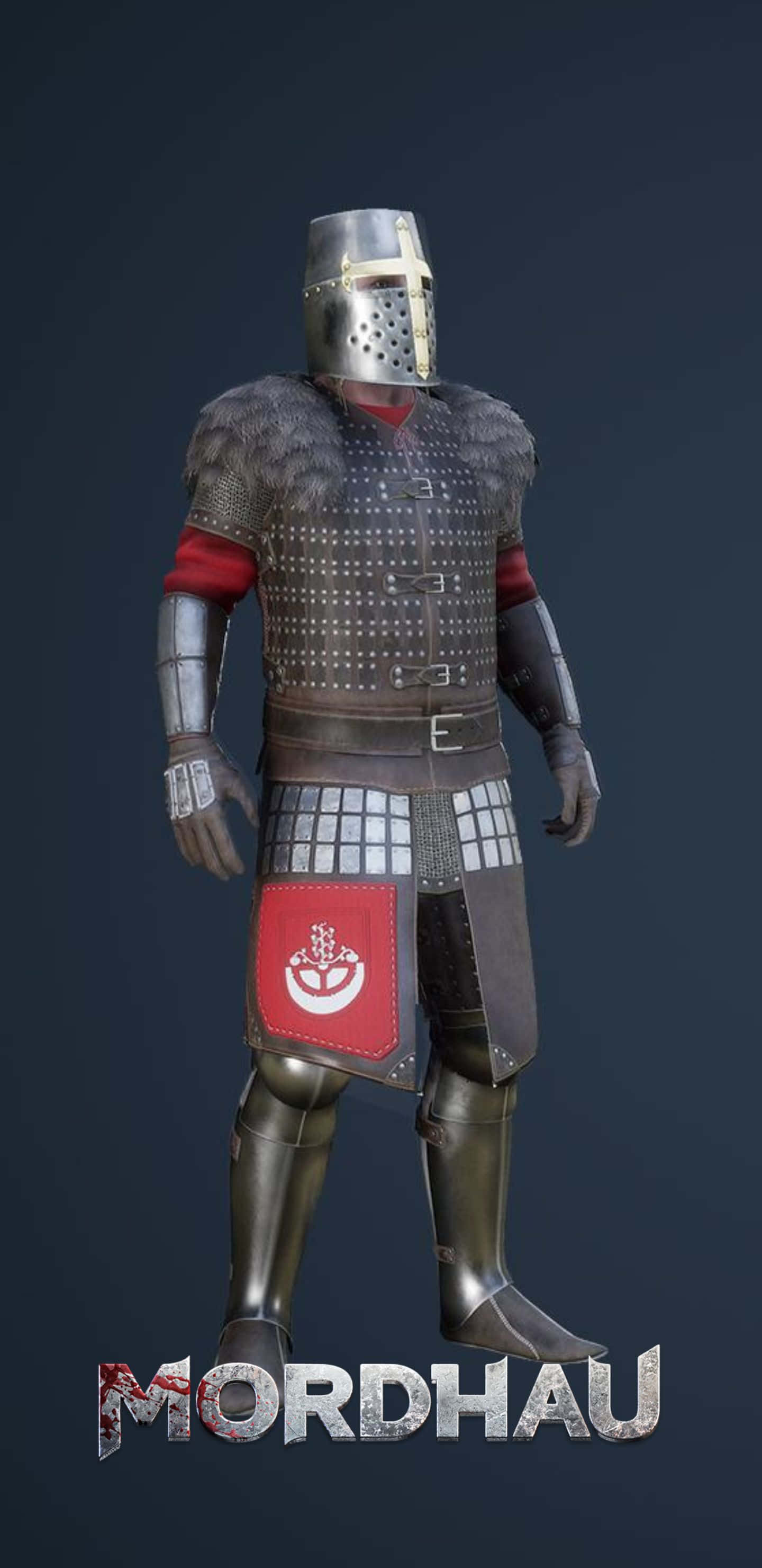 Pixel 3xl Mordhau 桌布 壁紙 — 一位全副武裝的中世紀騎士，身穿精細的板甲和鎖子甲，在黑暗背景下披著紅色紋章戰袍，蓄勢待發。