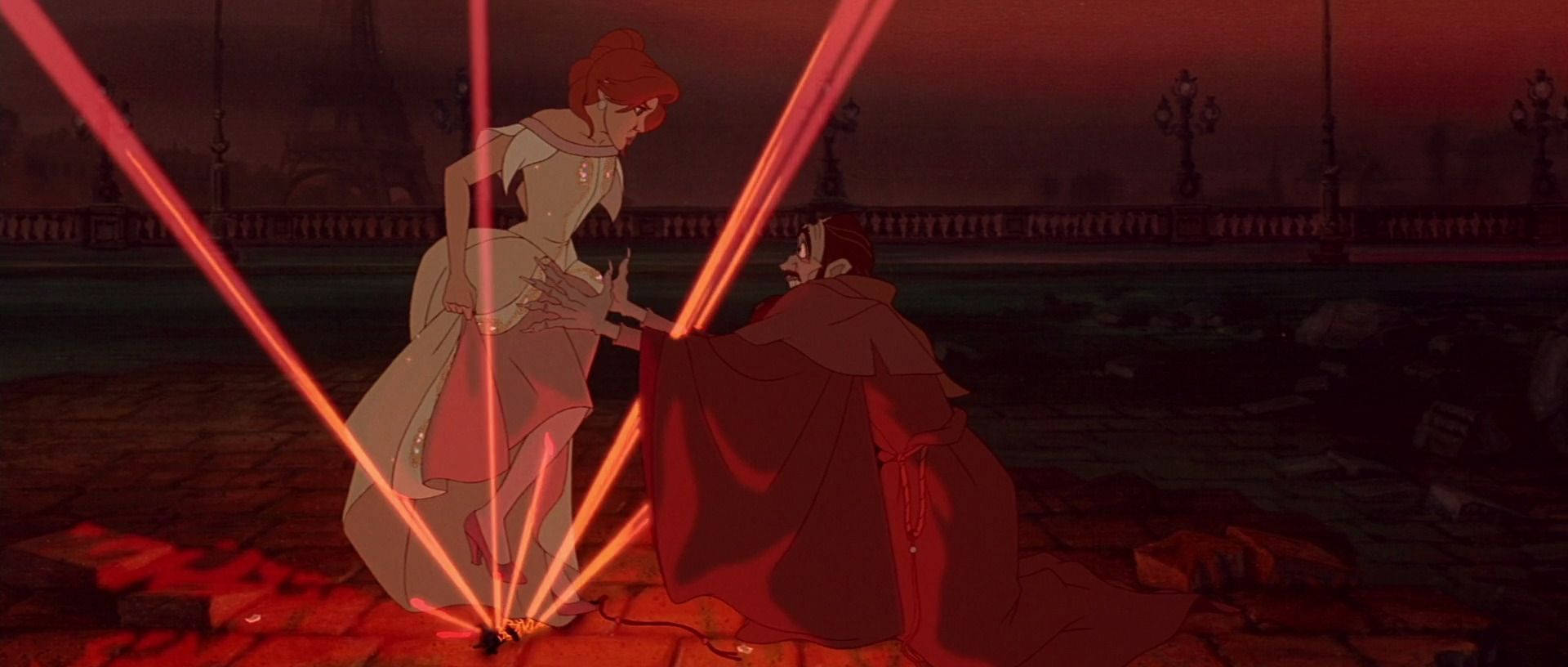 Anastasia 桌布 壁紙 — 一位公主和一位王子在黃昏時分，在石頭陽臺上，在發光的紅色光束下相對而立。
