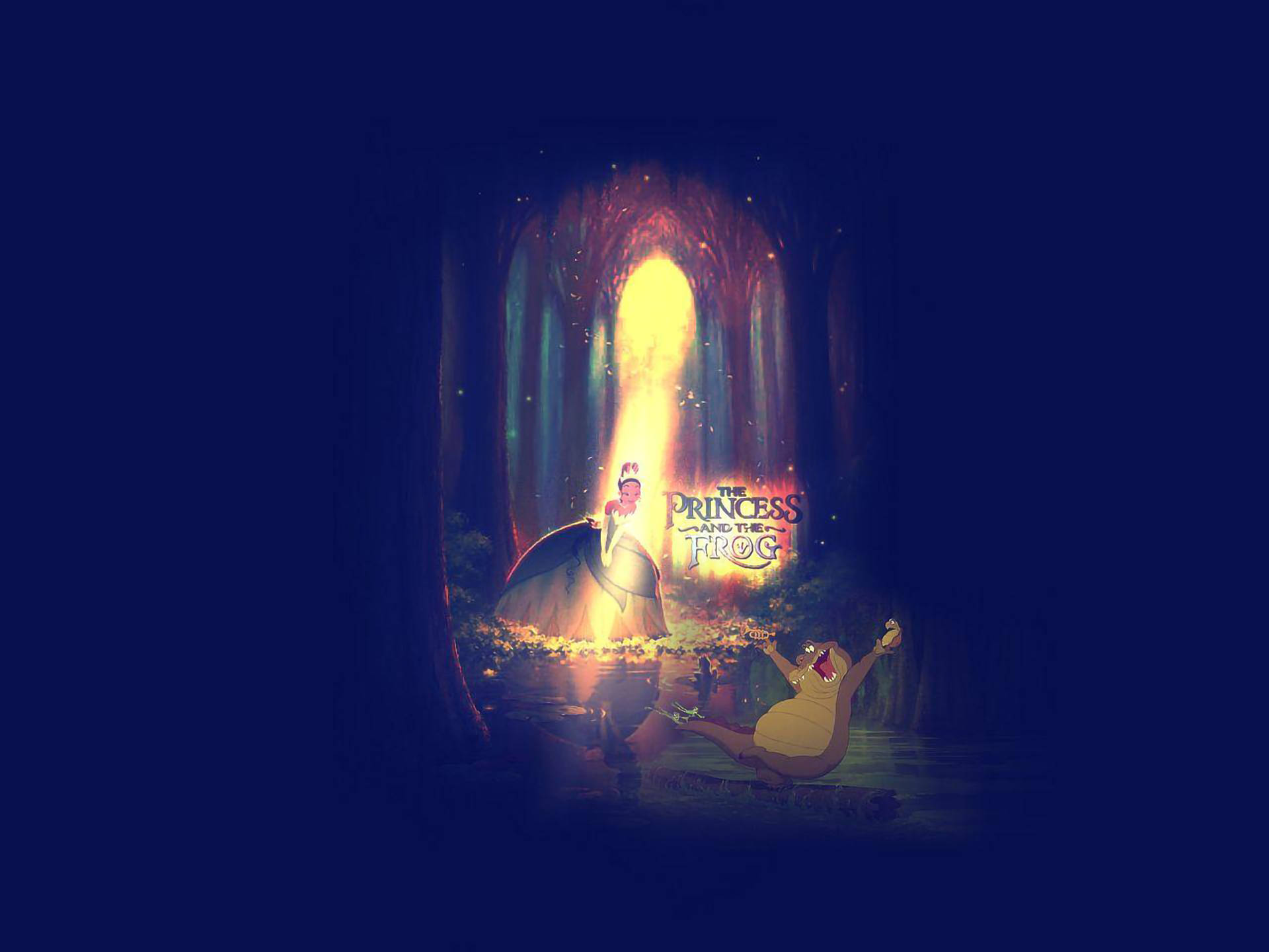 Princess 桌布 壁紙 — 一位公主和青蛙站在黑暗魔法森林中一個發光的魔法傳送門前。