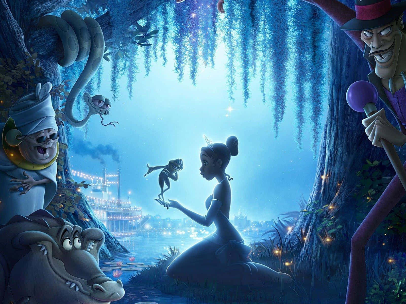 Princess Tiana 桌布 壁紙 — 一位公主在發光的沼澤旁跪下，一隻青蛙懸浮在她手上方，周圍是動畫動物朋友和一個邪惡的巫師，在一個神奇的藍色洞穴中。