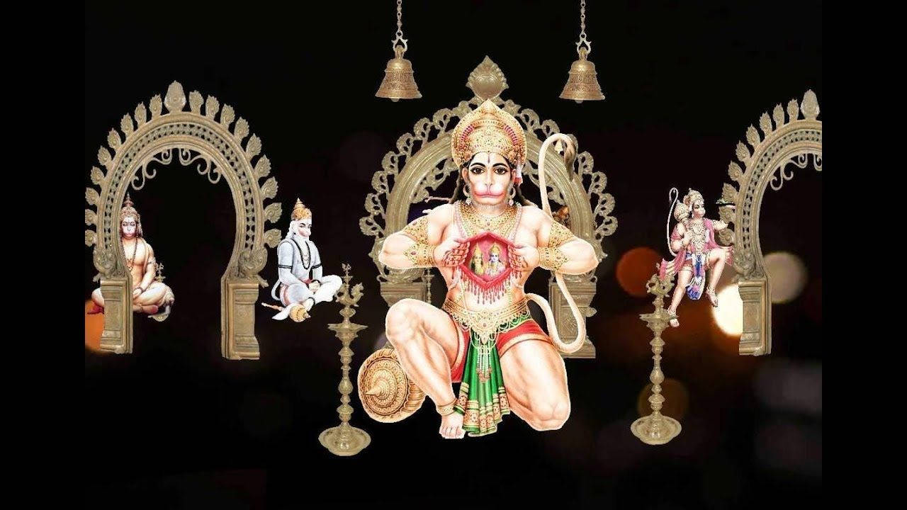 hanuman ji HD 桌布 壁紙 — 一位具有猴子特徵的神聖印度教神祇坐在華麗的金色拱門中央，兩側有人物和懸掛的鈴鐺，背景黑暗。