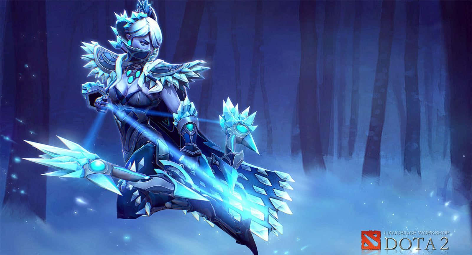 Drow Ranger 桌布 壁紙 — 一位冰霜主題的戰士身穿冰甲，在夜間霧氣瀰漫的森林中揮舞著發光的藍色武器。