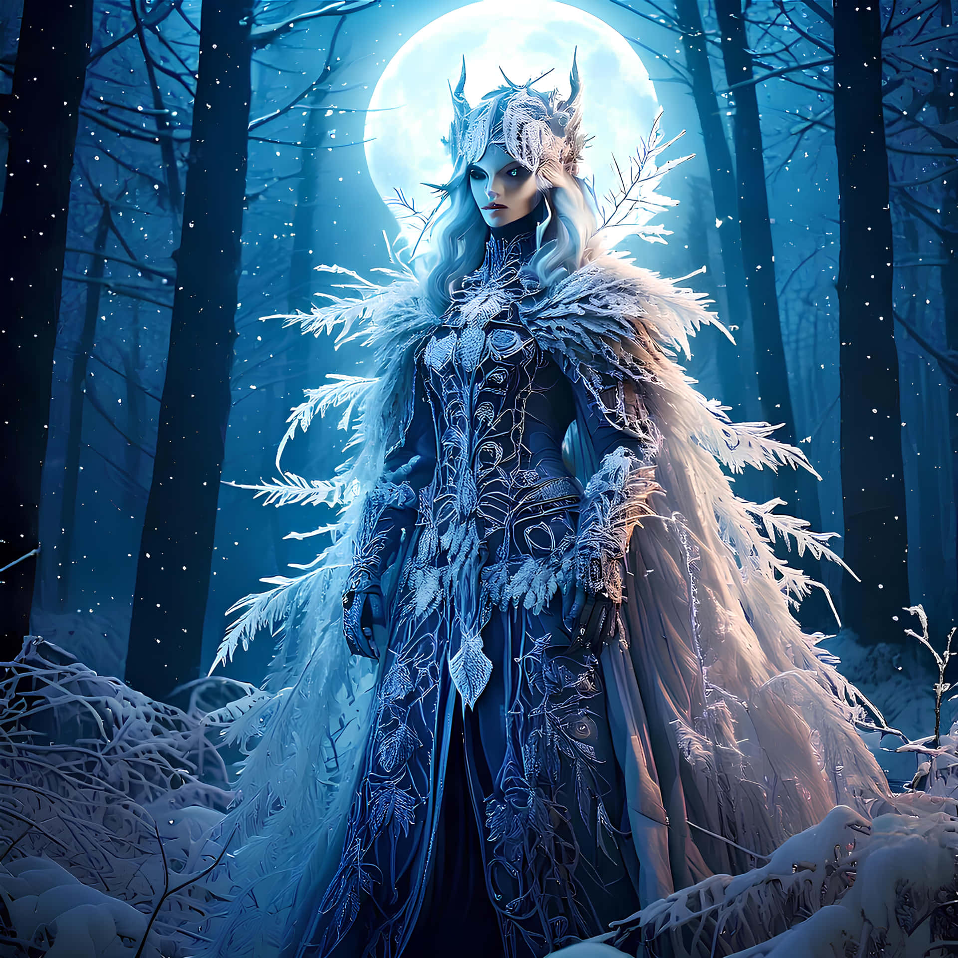 Winter spirit 壁紙 — 一位冰霜女王戴著冰冠和羽毛斗篷，在雪森林中閃耀的月亮下威嚴地站立。