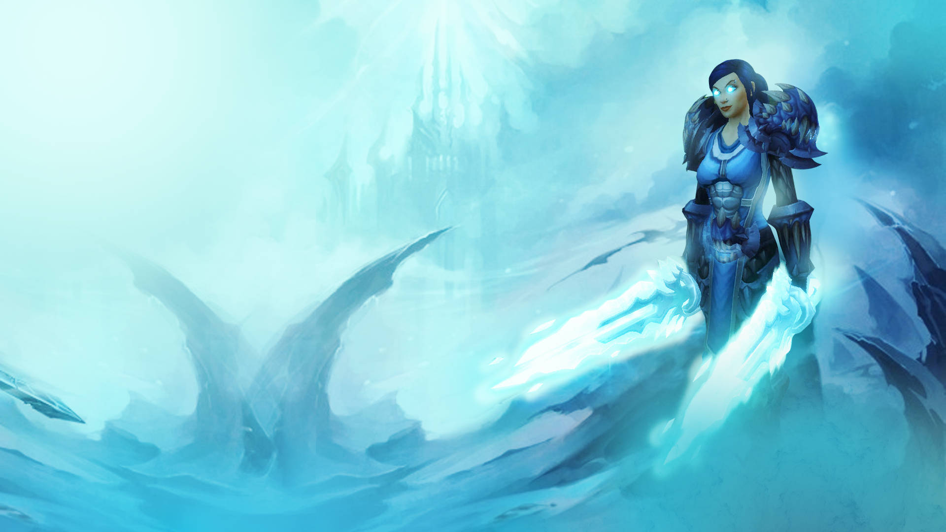 Death Knight 桌布 壁紙 — 一位冰霜戰士站在冰凍的波浪上，手持發光武器，遠處的城堡在迷濛的藍天中隱約可見。