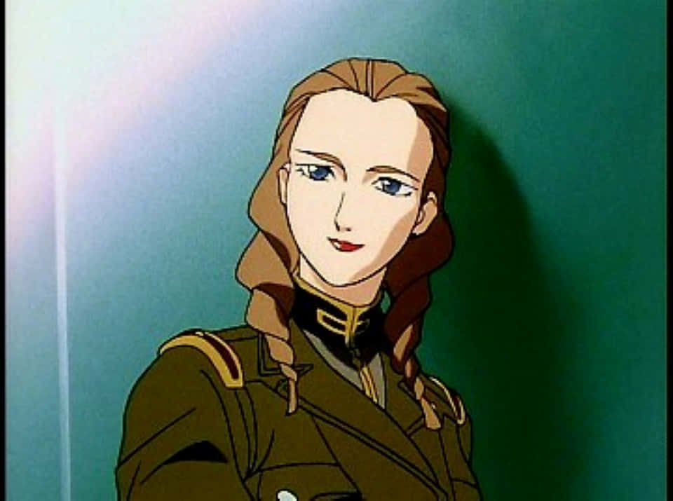 Gundam Wing Sally Po 桌布 壁紙 — 一位冷靜的動漫女性，棕色辮子頭髮，藍色眼睛，穿著綠色軍裝，背景是漸層藍綠色。