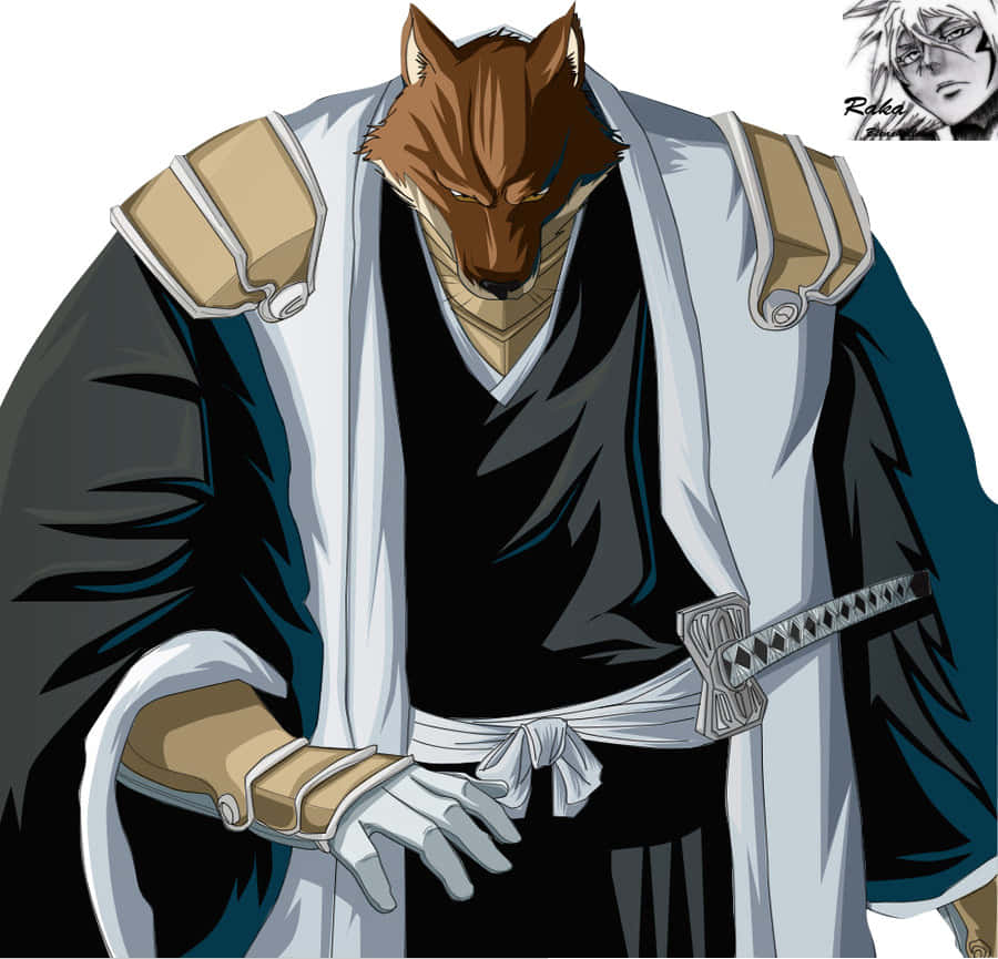 Sajin Komamura 桌布 壁紙 — 一位冷靜的擬人化狼戰士穿著傳統武士服，手持武士刀，表情嚴肅。