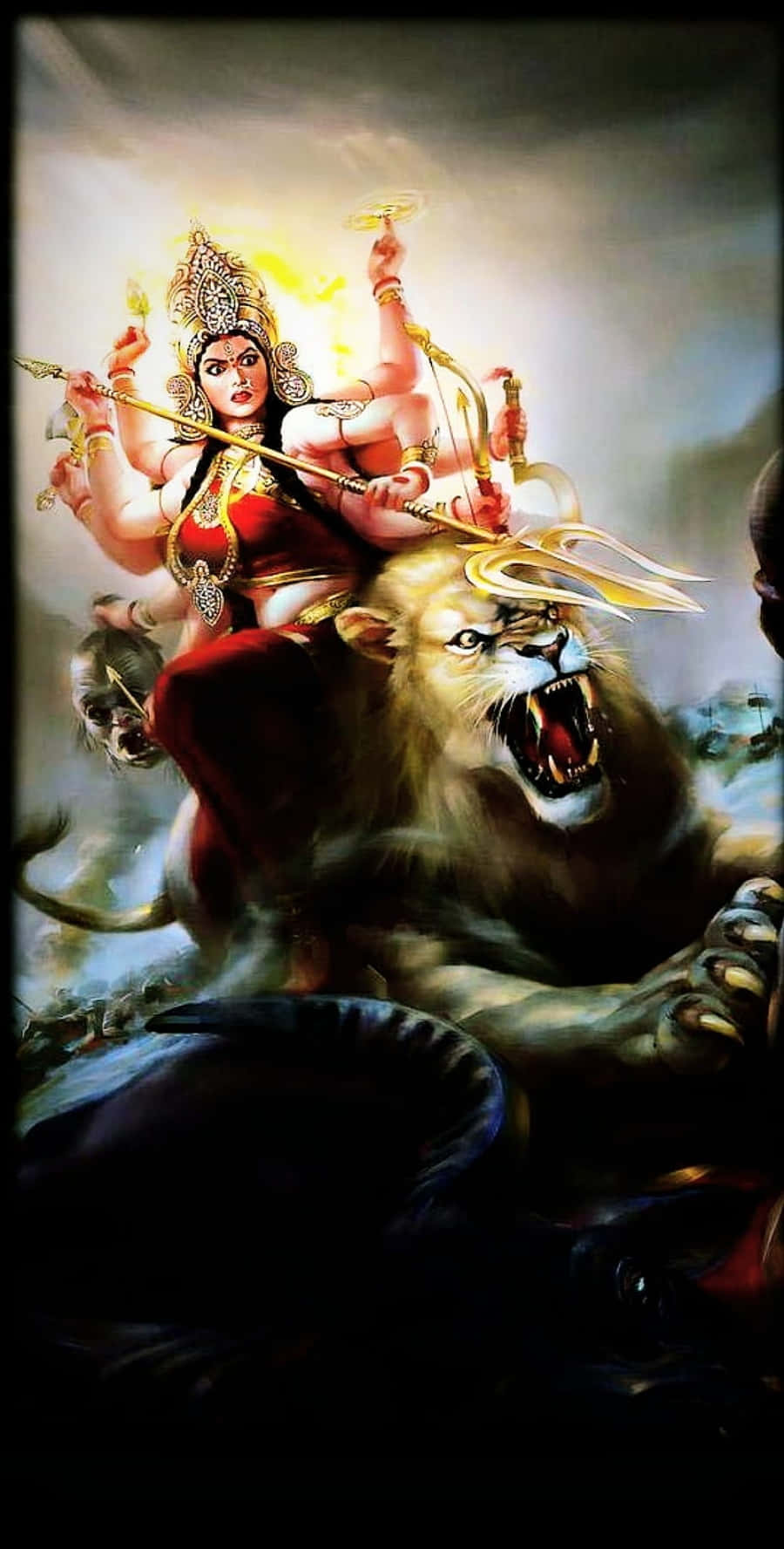 女神騎著咆哮的獅子，在神話戰鬥中揮舞武器對抗黑暗的蛇。 — 惡魔 壁紙