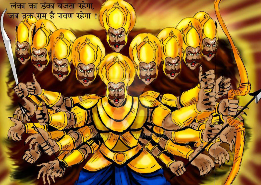 Ravana 桌布 壁紙 — 一位凶猛的多頭多臂印度教神祇，身穿金色盔甲和藍色下裳，在火焰背景中揮舞武器。