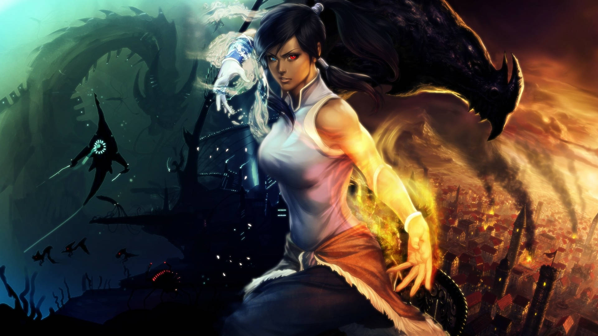Korra 桌布 壁紙 — 一位凶猛的女戰士，擁有發光的紅色眼睛和飄逸的黑色長髮，以動態的戰鬥姿勢站立，周圍環繞著旋轉的火焰和一條巨大的龍，背景是一座燃燒的城市。