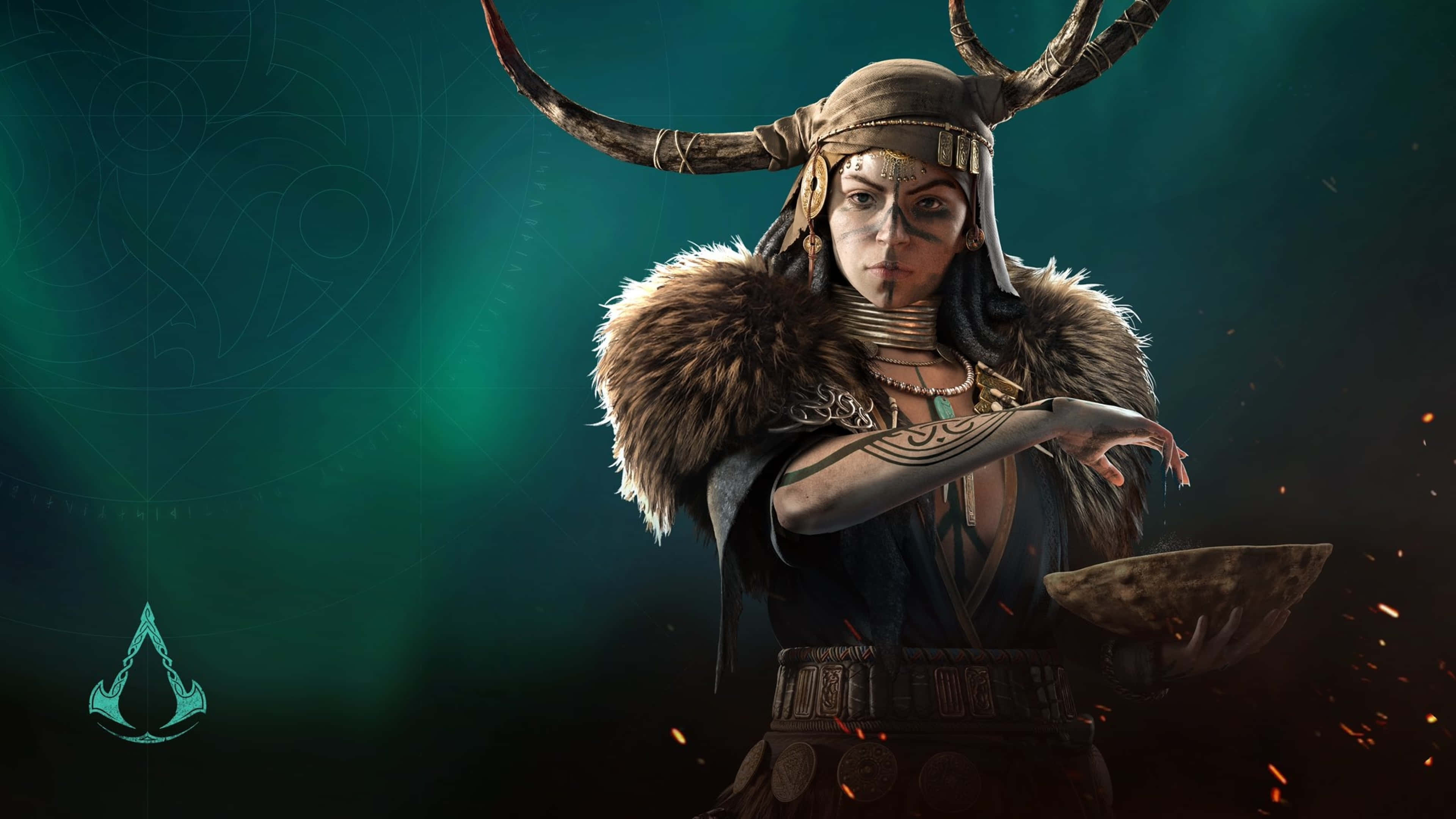 4K Assassin's Creed Valhalla 桌布 壁紙 — 一位凶猛的女戰士戴著鹿角頭飾和毛皮斗篷，手持一個碗，火花在發光的綠色神秘背景中飛舞。