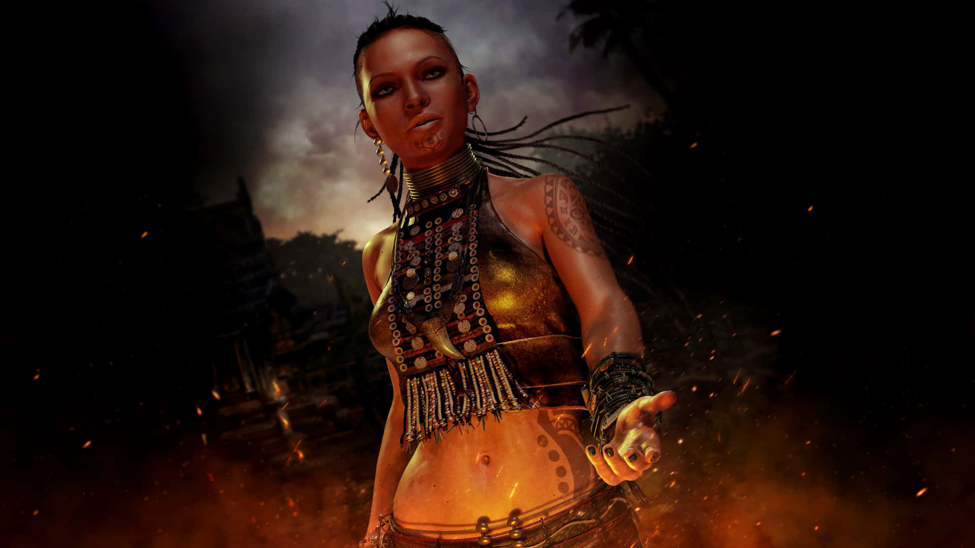 Far Cry 3 桌布 壁紙 — 一位凶猛的女戰士身穿華麗的部落盔甲，在風暴黃昏的天空下站在熾熱的火花之中。
