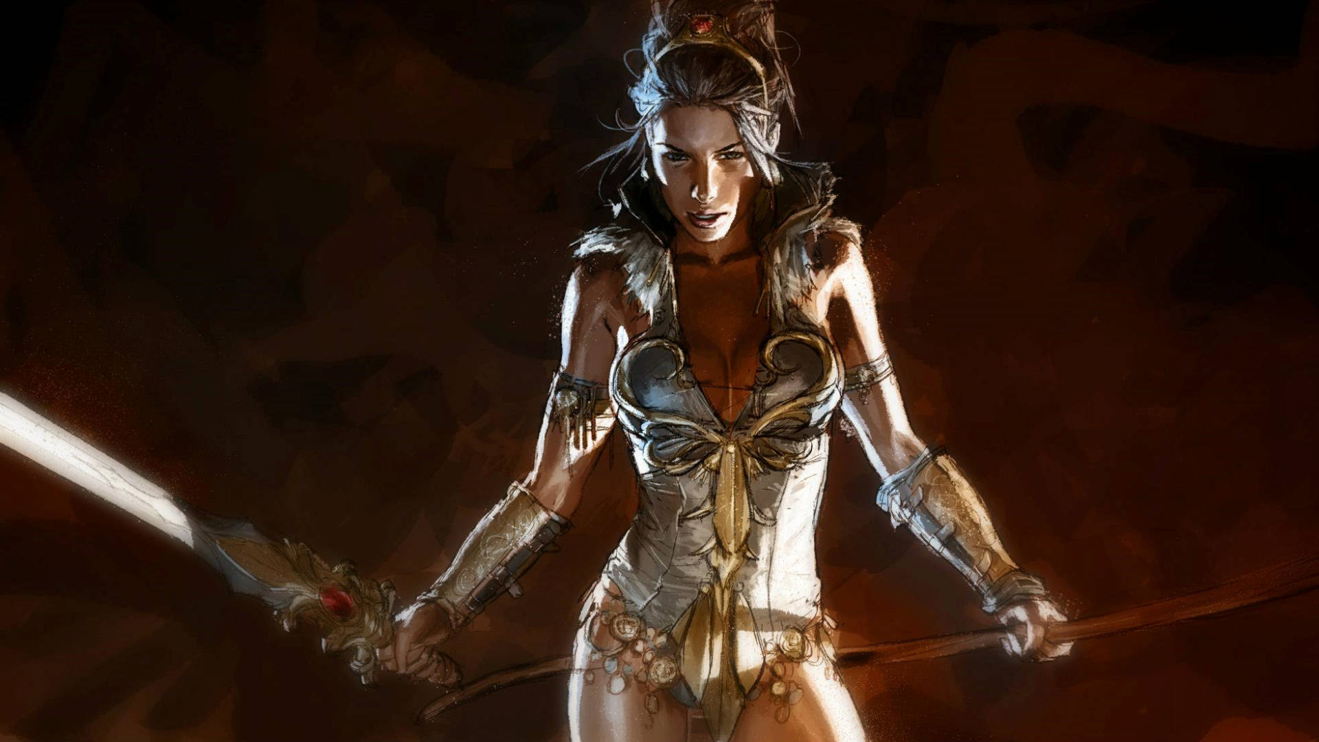 Warrior 桌布 壁紙 — 一位凶猛的女戰士身穿華麗盔甲，在黑暗熾熱的背景中揮舞著發光的劍和弓。