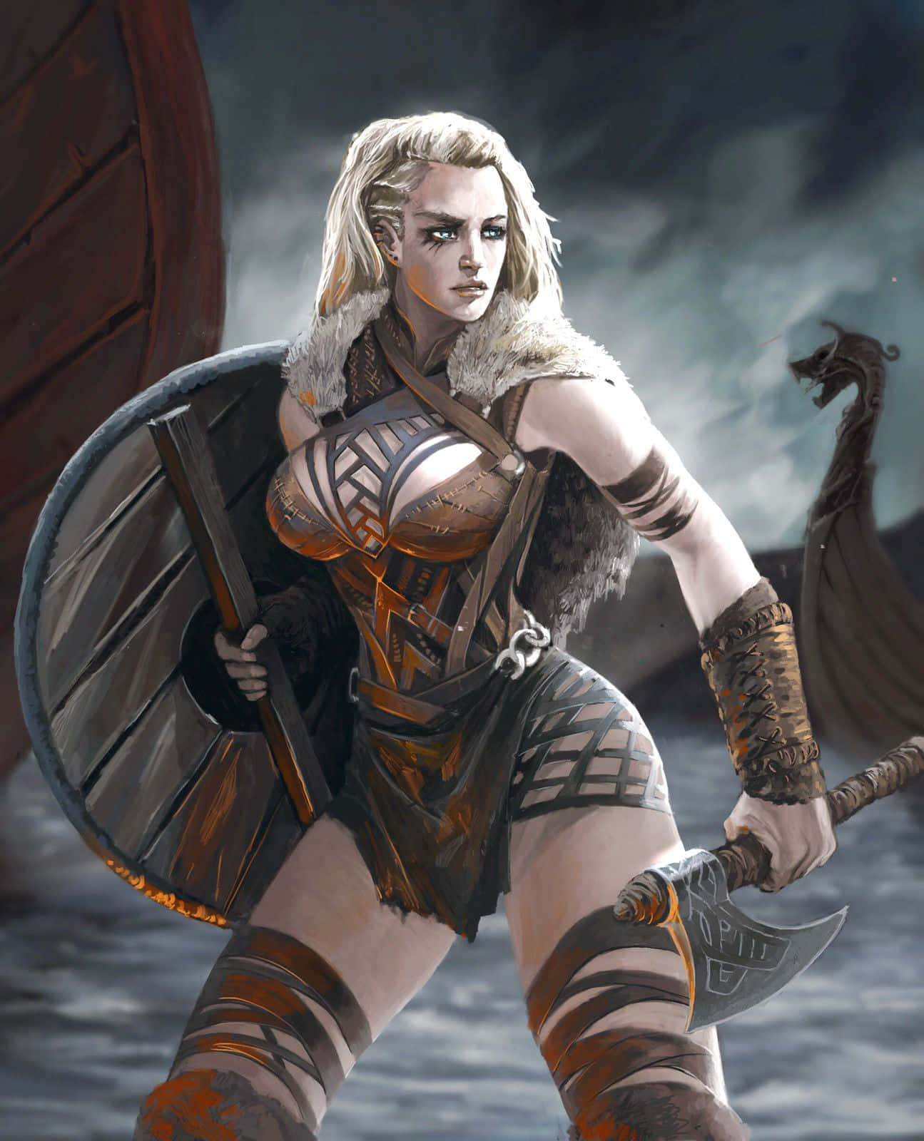 Female Viking Warriors 桌布 壁紙 — 一位凶猛的金髮維京女戰士在波濤洶湧的大海中，手持盾牌和斧頭，站在長船旁準備就緒。