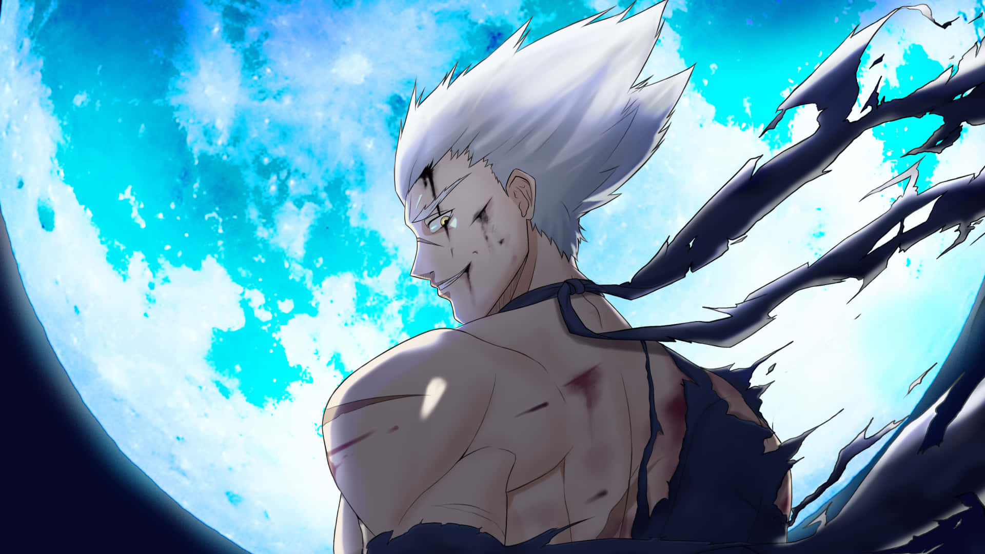 One Punch Man Season 2 桌布 壁紙 — 一位刺蝟頭動漫戰士，帶著冷笑，身穿破爛黑色服裝，站在鮮豔的藍色月亮背景下。