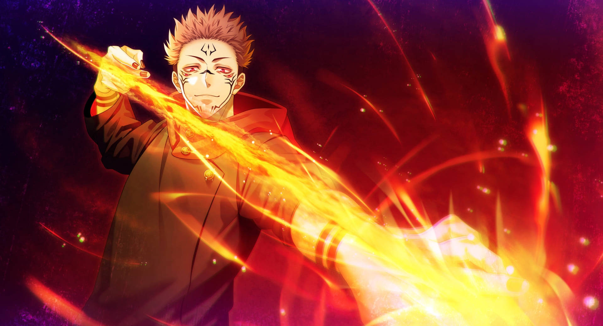 Jujutsu Kaisen Desktop 桌布 壁紙 — 一位刺蝟頭動漫戰士在黑暗的宇宙場景中釋放出熾熱的橙色能量。