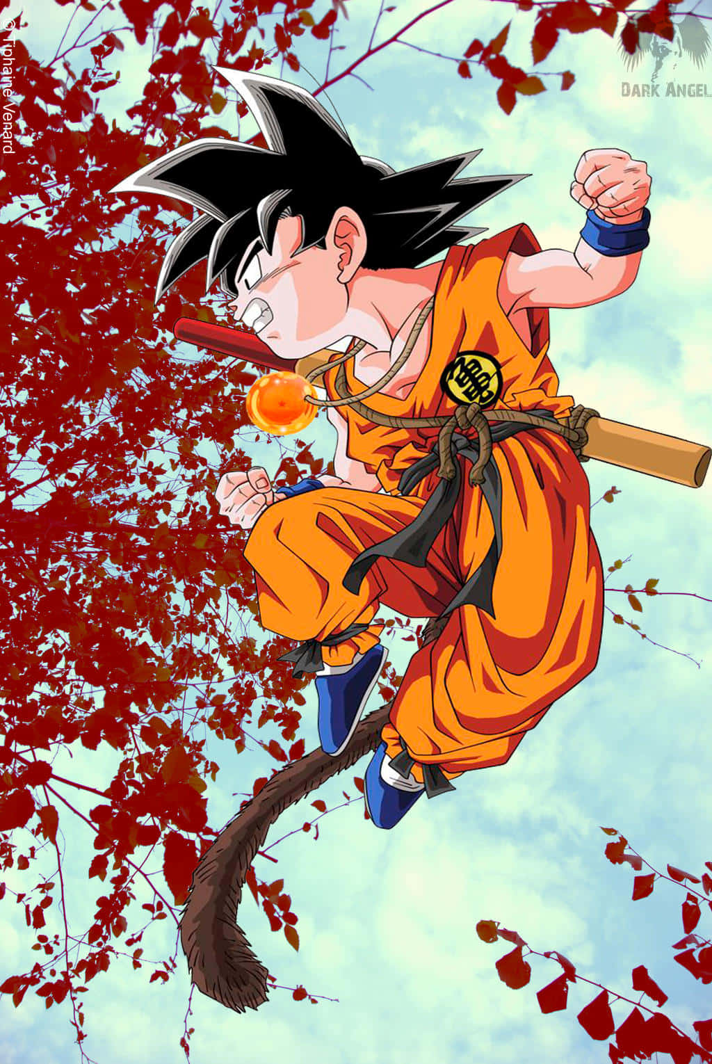 kid goku 桌布 壁紙 — 一位刺蝟頭動漫戰士穿著橙色道服，在柔和的藍天下穿過紅色的秋葉跳躍。