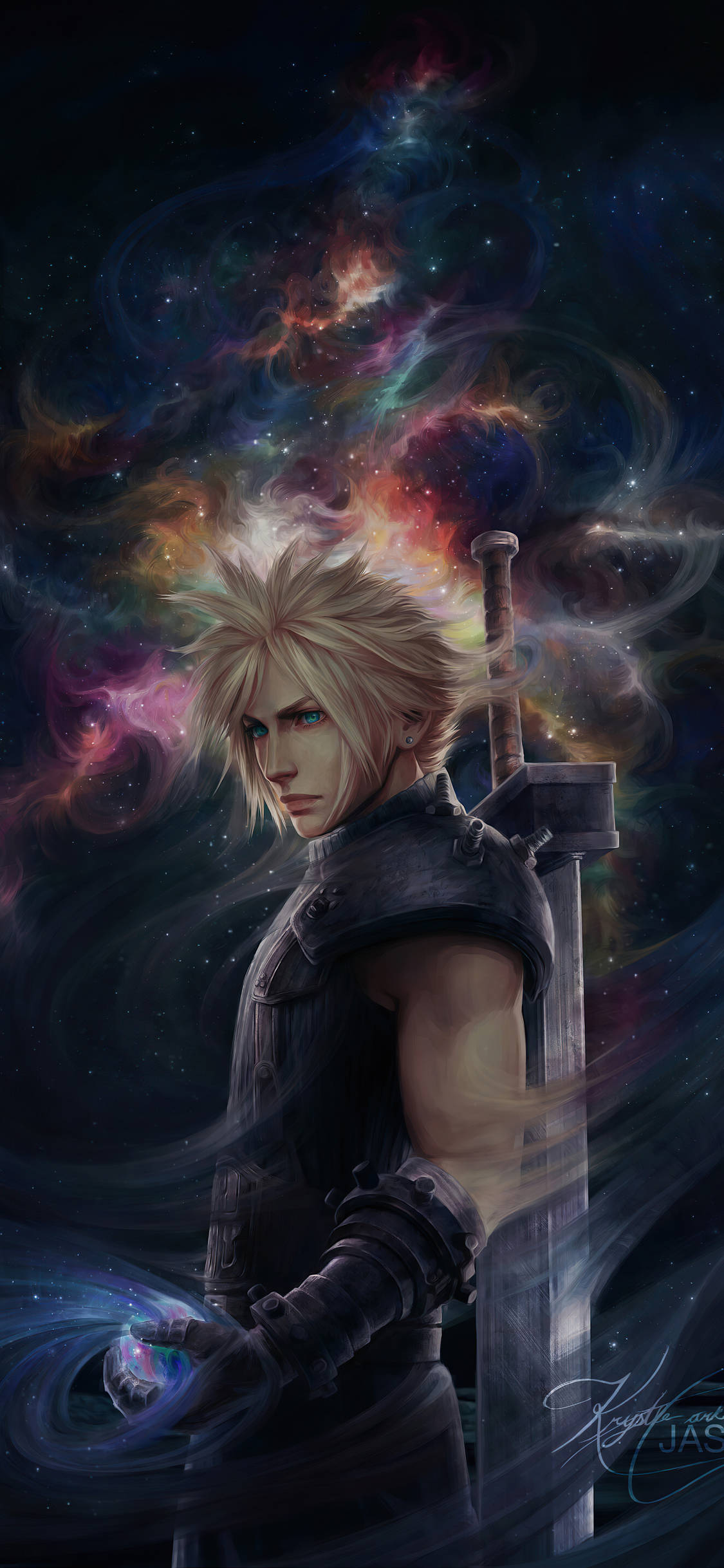 character 桌布 壁紙 — 一位刺蝟頭戰士身穿暗色盔甲，站在旋轉的宇宙星雲前，手持發光球體和一把大劍。