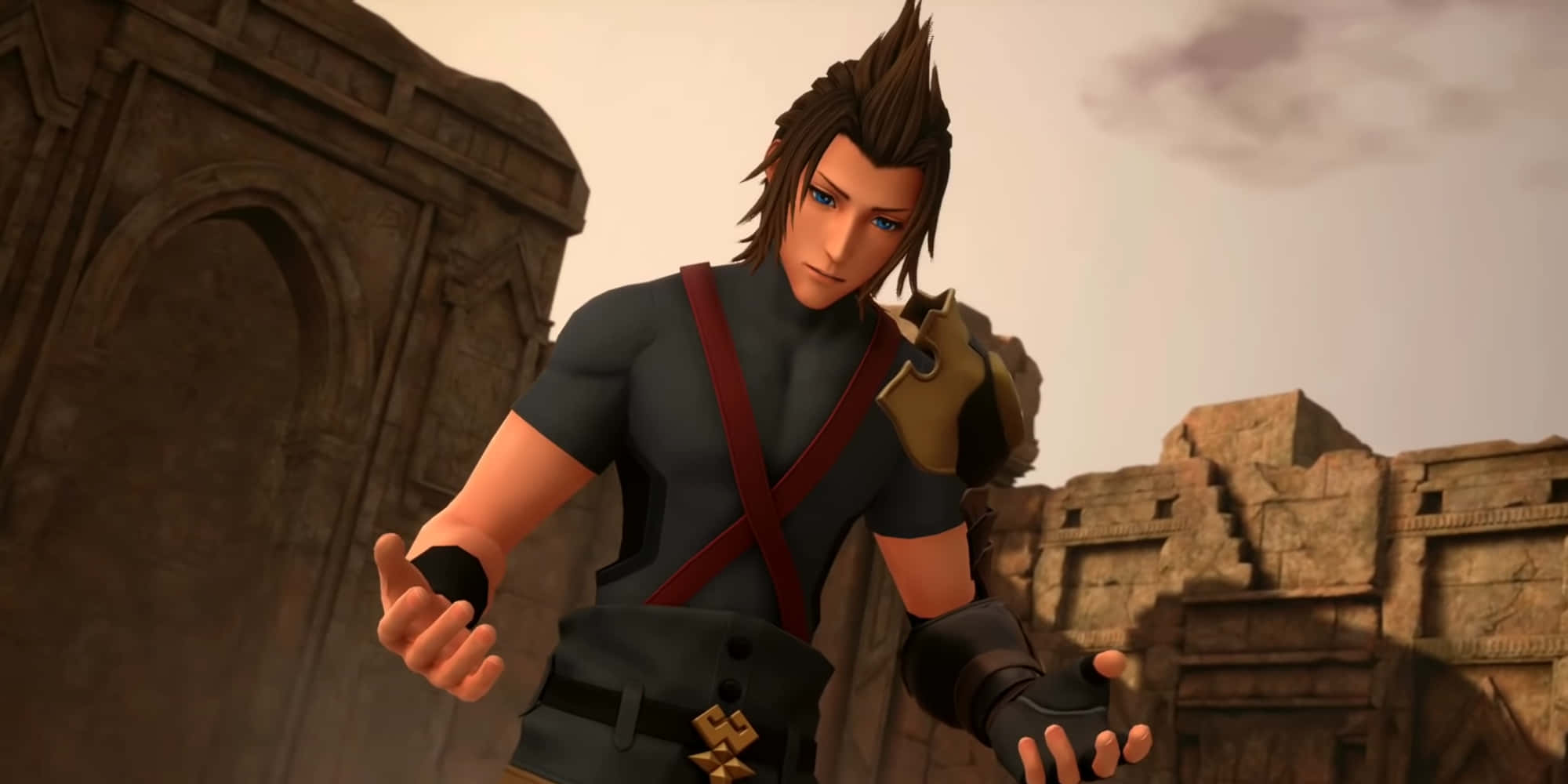 Kingdom Hearts Terra 桌布 壁紙 — 一位刺蝟頭髮的動漫戰士，身穿暗色裝備，站在薄霧天空下的古老石造遺跡前。