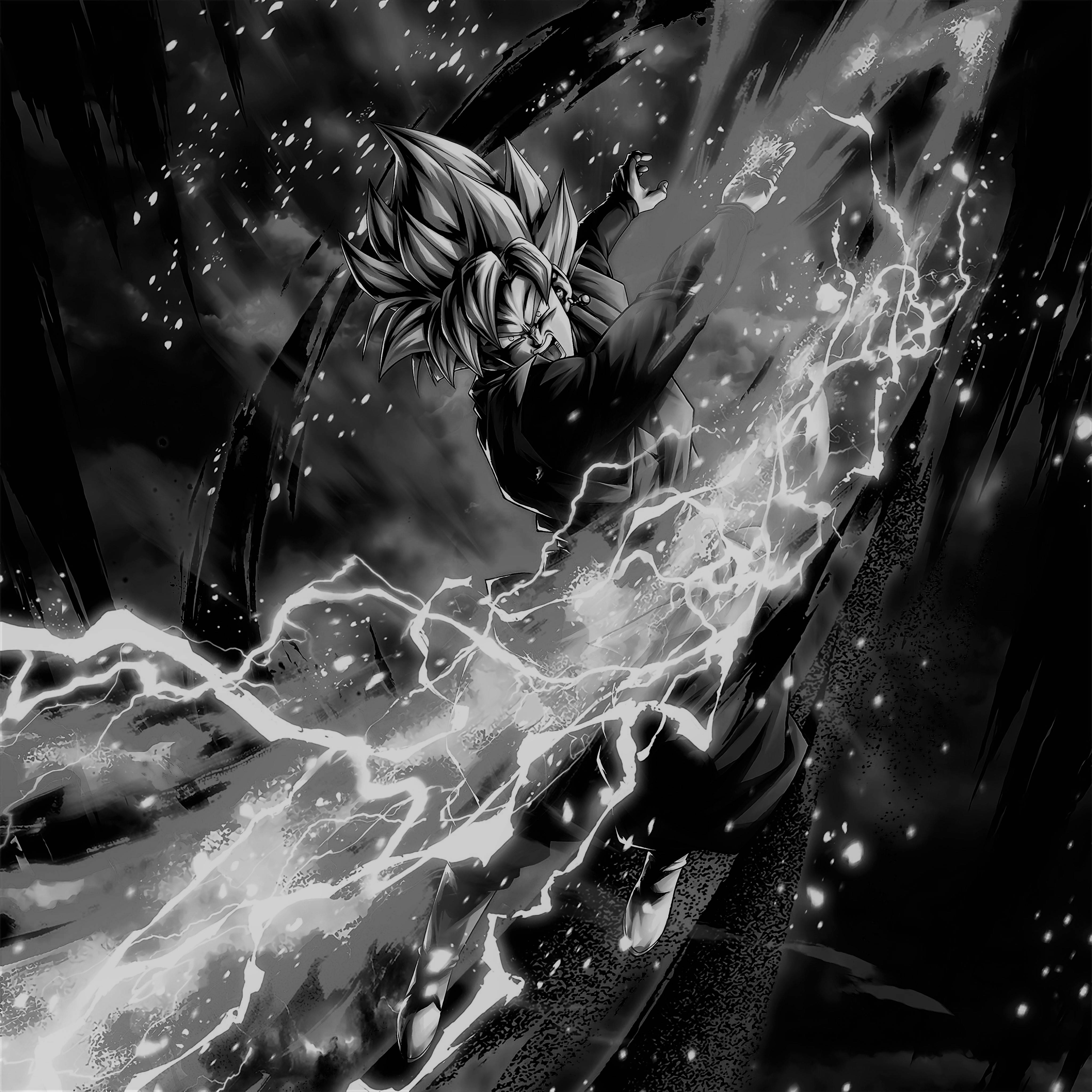 Goku Black And White 桌布 壁紙 — 一位刺蝟頭髮的動漫戰士在黑暗暴風雨背景下釋放出刺眼的閃電攻擊。