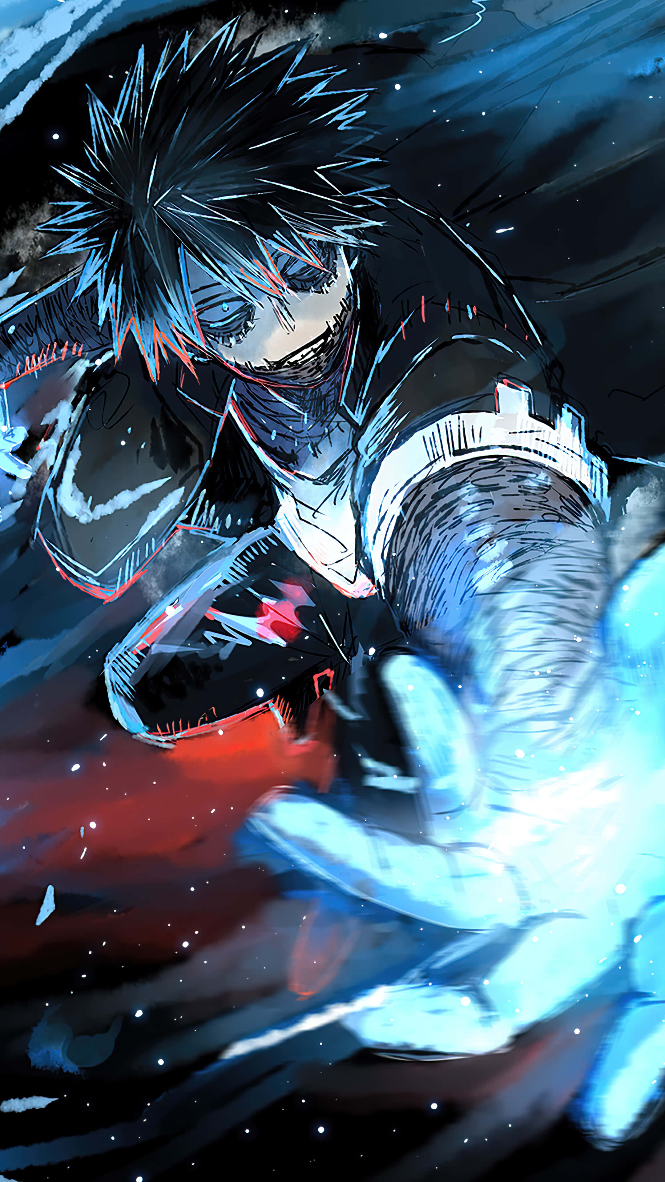 Dabi Boku No Hero 桌布 壁紙 — 一位刺蝟頭髮的動漫英雄穿著深色西裝，在宇宙紅黑背景前伸出一隻發光的藍色手。