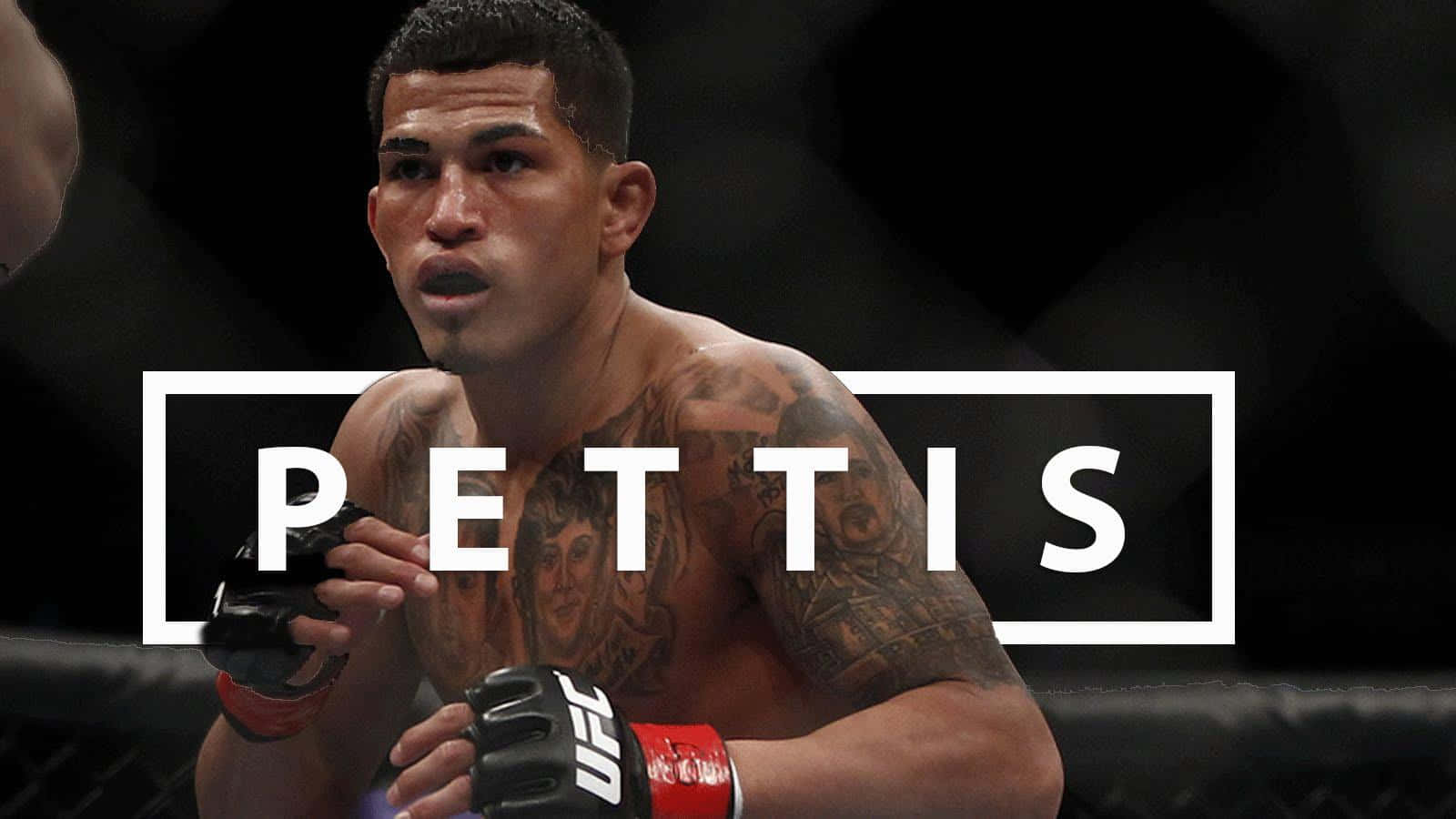 UFC 桌布 壁紙 — 一位刺青混合武術家在八角籠內擺出戰鬥姿勢，帶有 'PETTIS' 文字疊加。