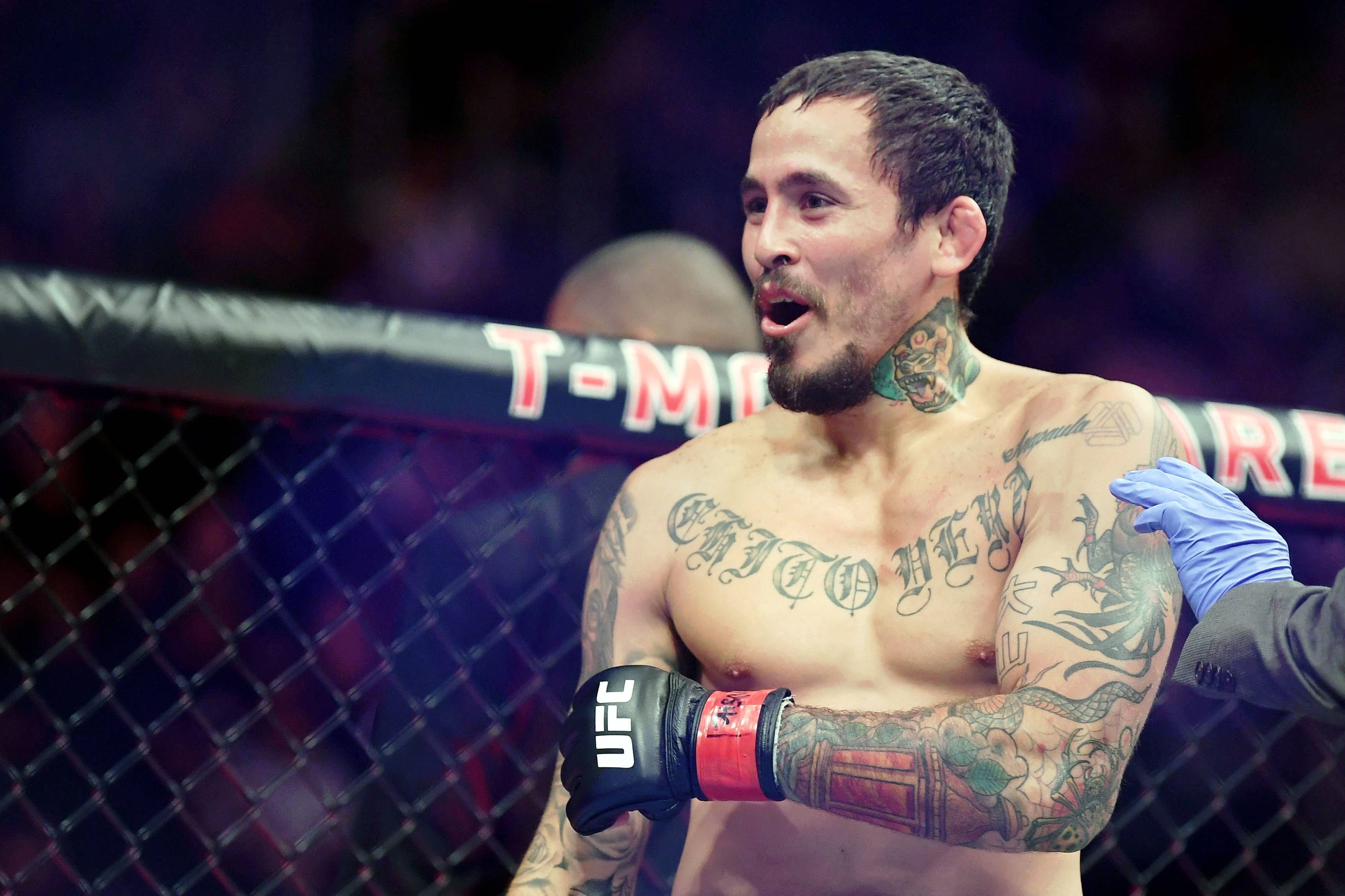 UFC 桌布 壁紙 — 一位刺青的混合武術家在UFC八角籠中張開嘴巴，舉起戴手套的手慶祝勝利。