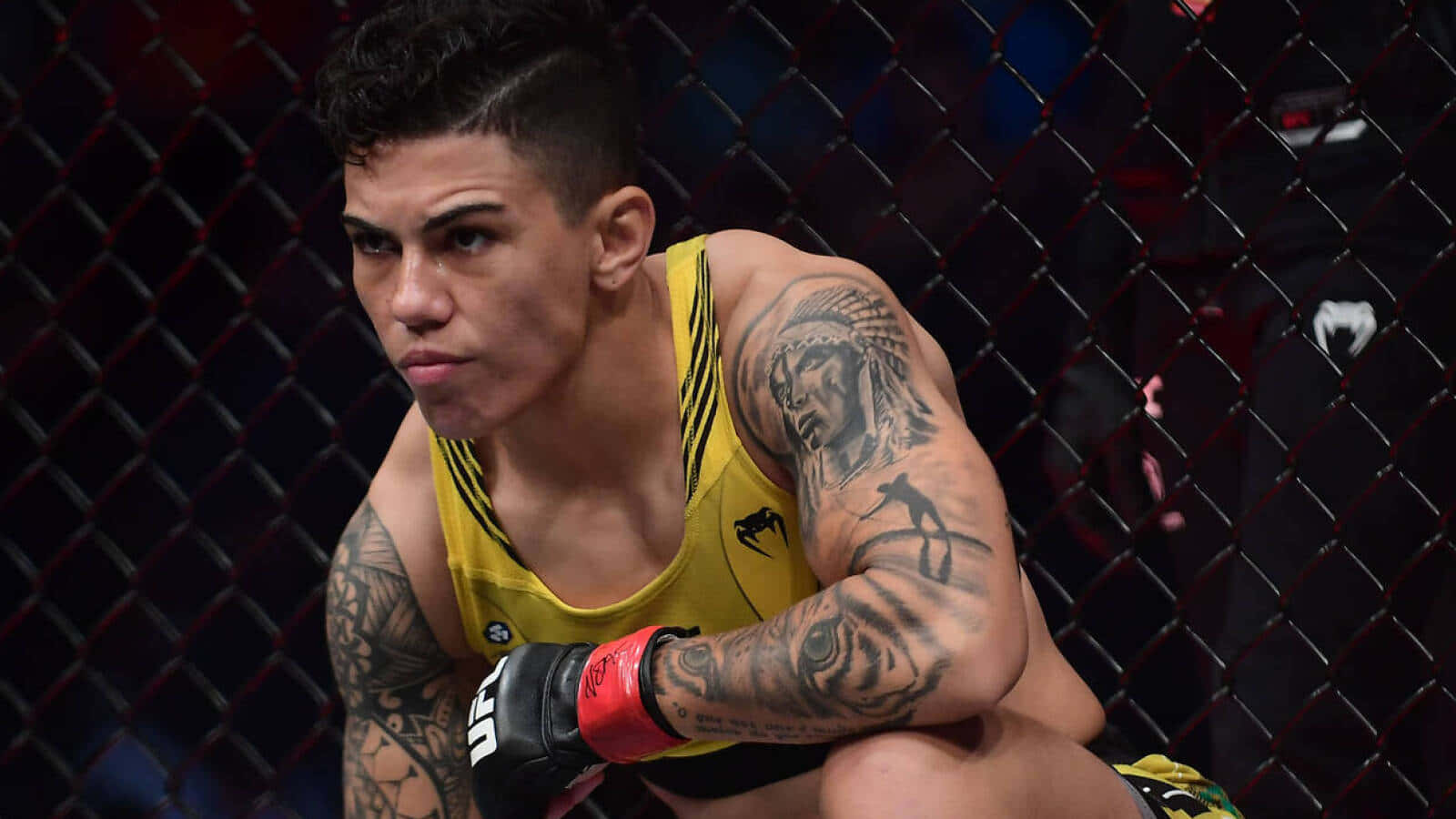 MMA 桌布 壁紙 — 一位刺青的混合武術家穿著黃色緊身衣，在籠內蹲伏，專注力極強。