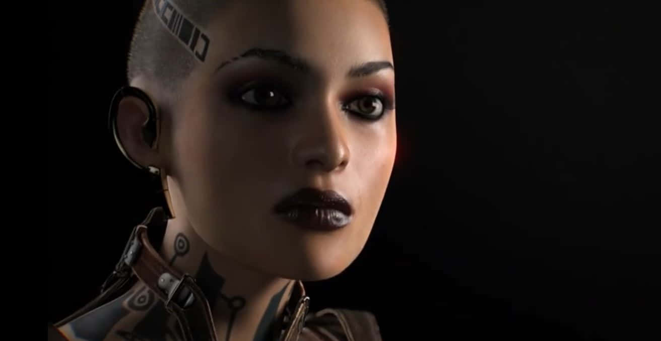 Mass Effect Jack 桌布 壁紙 — 一位剃光頭、有刺青和深色妝容的賽博龐克女性，在黑色背景下強烈凝視。